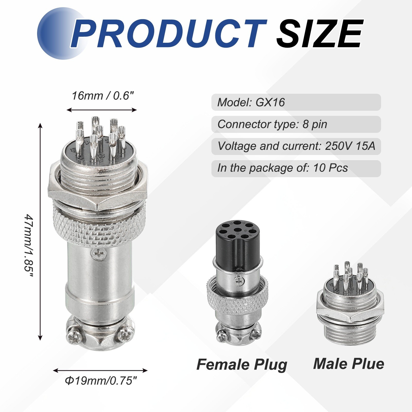 10Pcs 8 Pin Aviation Connector 250V 15A 16mm Metal Circular Connector Silver