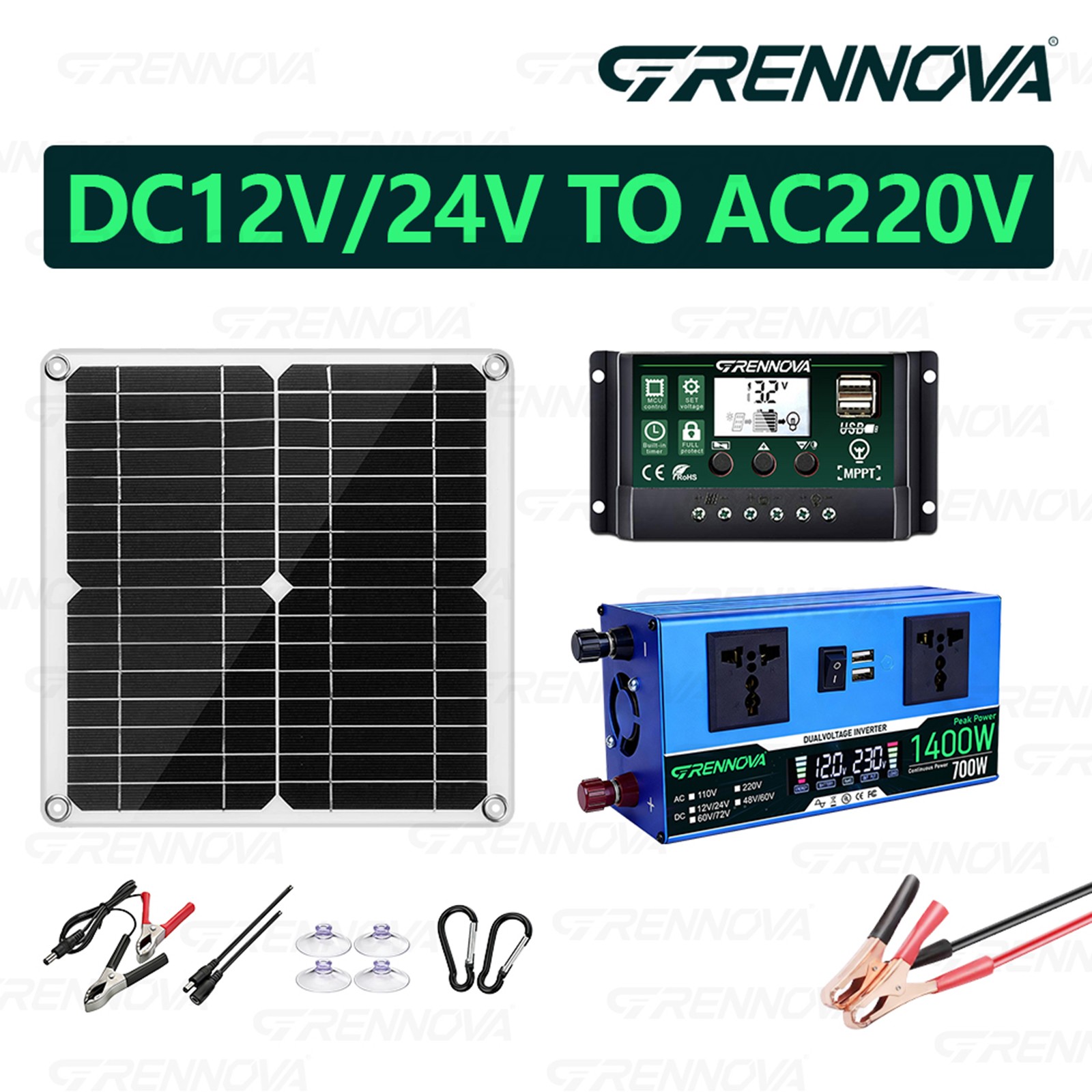 Grennova 1400W True Watt Solar Kit 60A MPPT 12/24V Inverter Outdoor Emergency