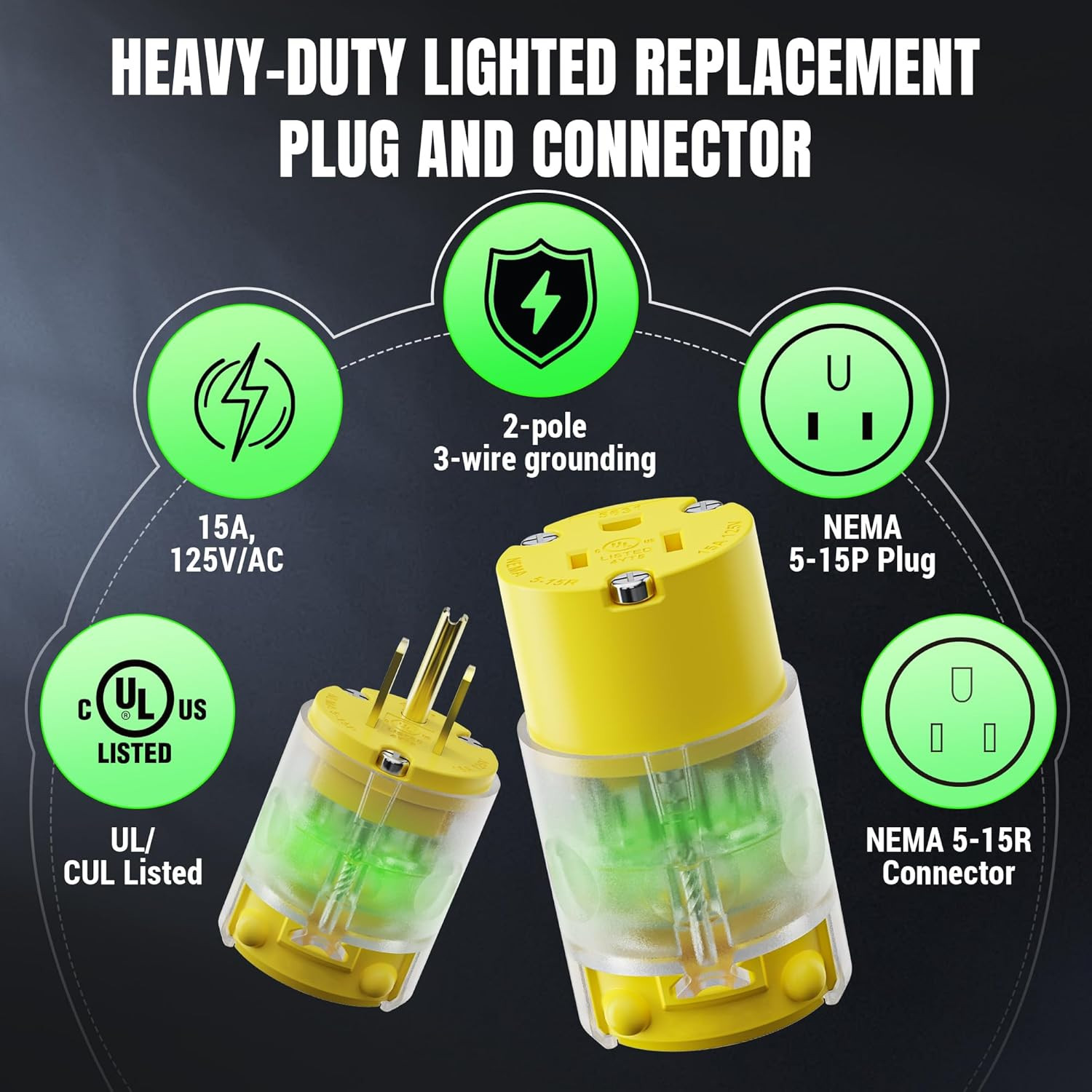 8 Set 15 Amp 125Volt Lighted Extension Cord Replacement Ends Male and Female, St