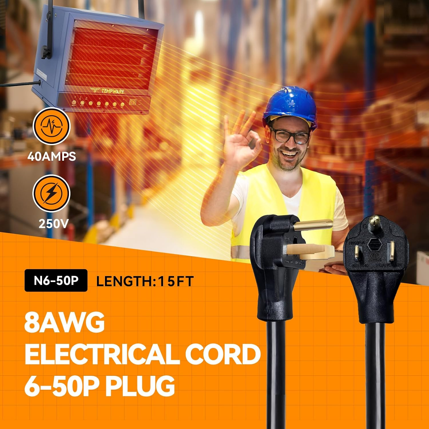 15FT 8 AWG 3 Prong Replacement Power Cord for 7500W Garage Heater | N6-50P Plug