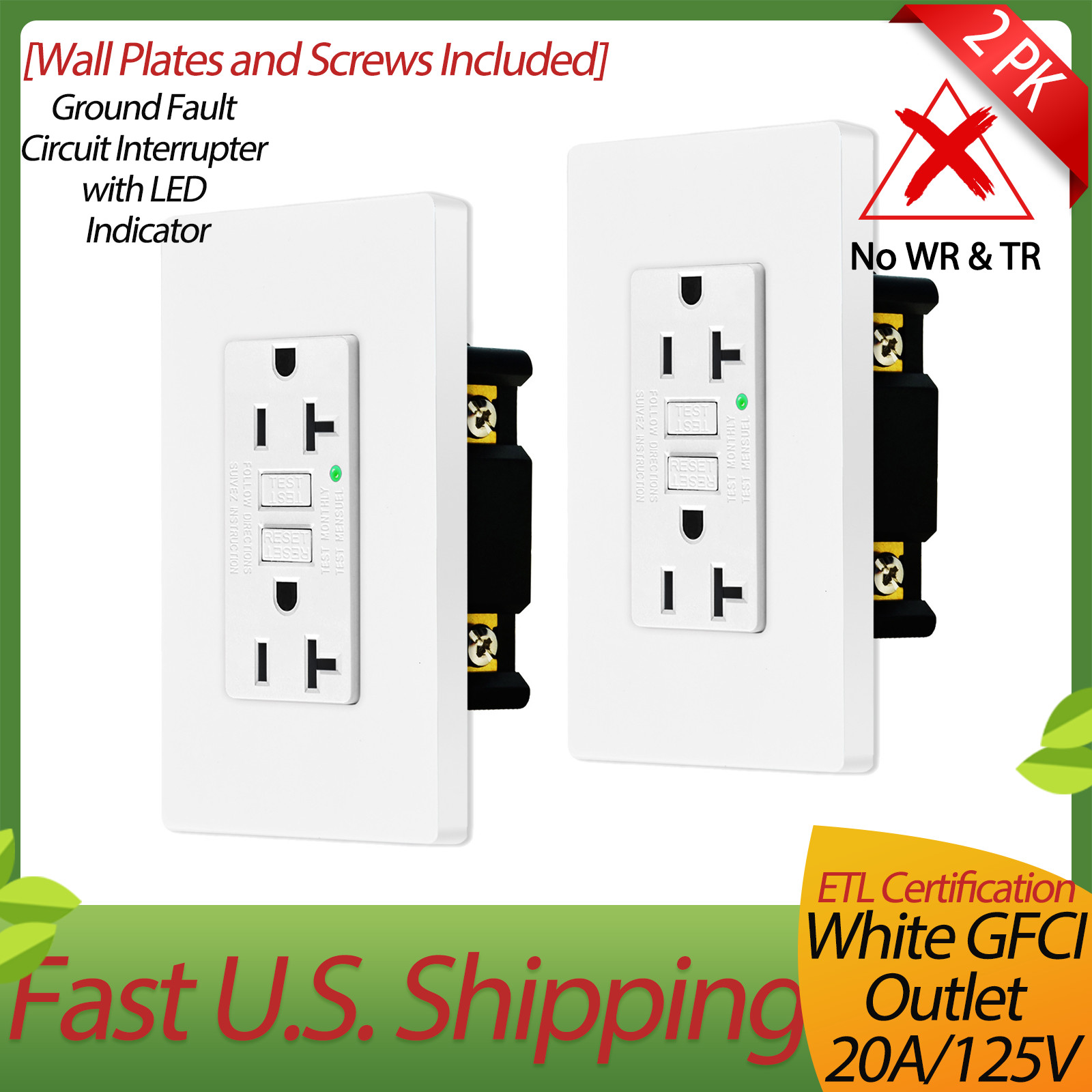 2x 20Amp Non-TR WR GFI Electrical Outlet White,Includes Wall Plates & Screws,ETL
