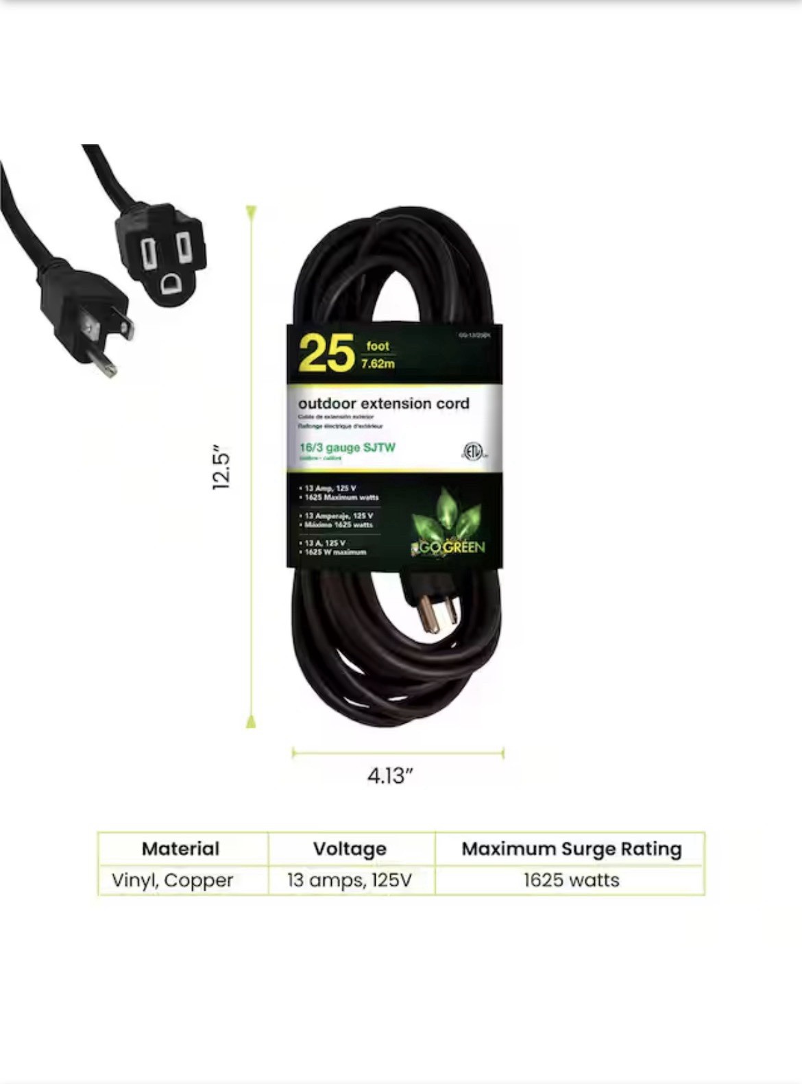 GoGreen Power 25 ft. 16/3 Heavy Duty Extension Cord – Black