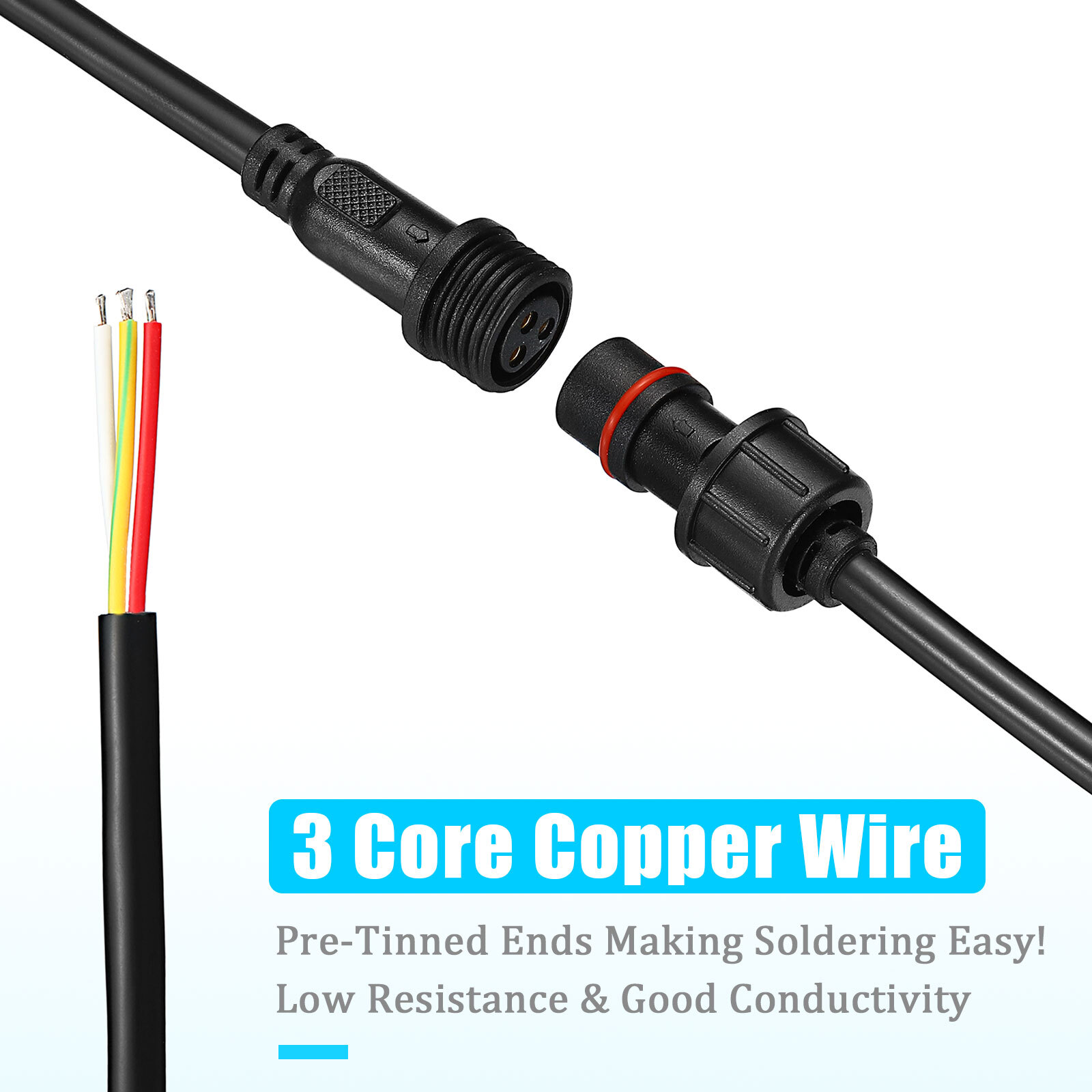10pairs 3 Core 3 Pin Waterproof Connectors 18AWG IP65 50CM Male Female LED Cable