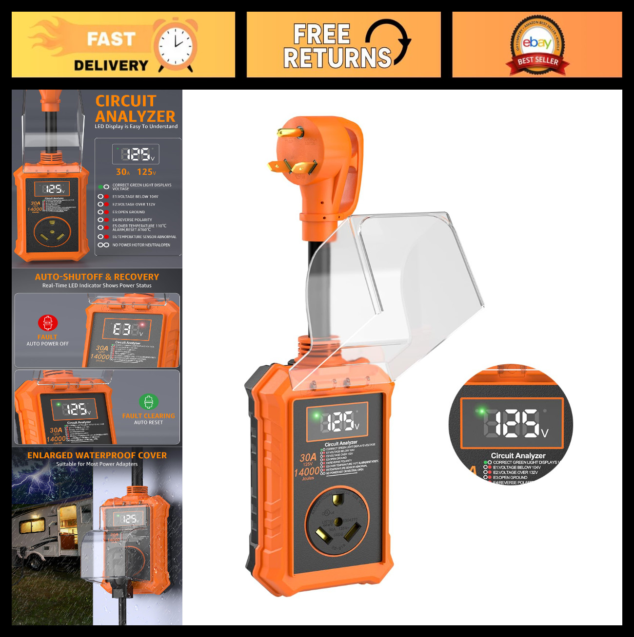 30 Amp RV Surge Protector with Smart LED Display, 14000J Waterproof Circuit Anal