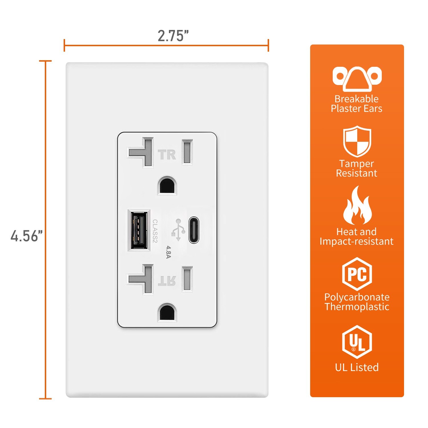 4.8A USB C Outlet 24W Dual High Speed Decora Receptacle 20 Amp 125 Volt ，10Pack