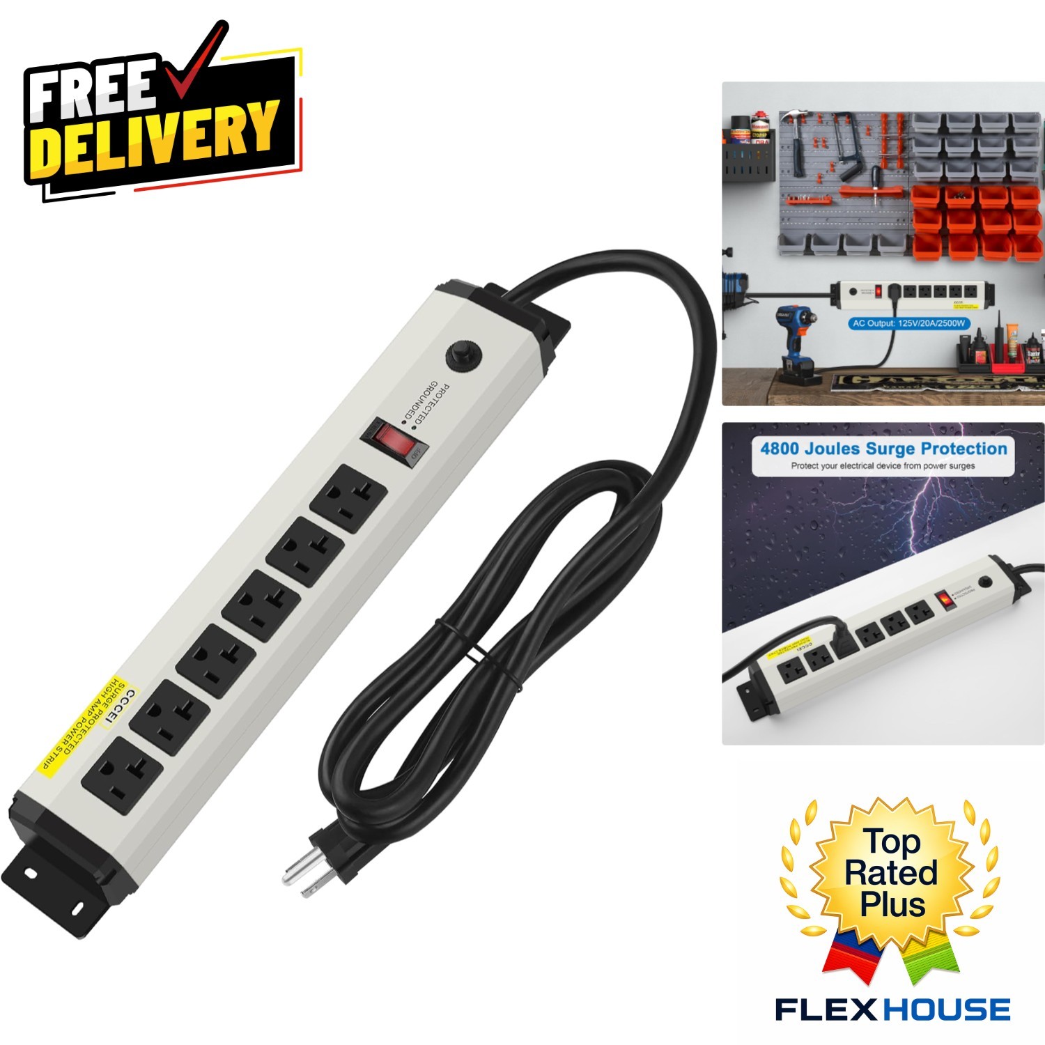 Industrial 20 Amp Power Strip with 6 Outlets & 4800J Surge Protection, 6FT Cord