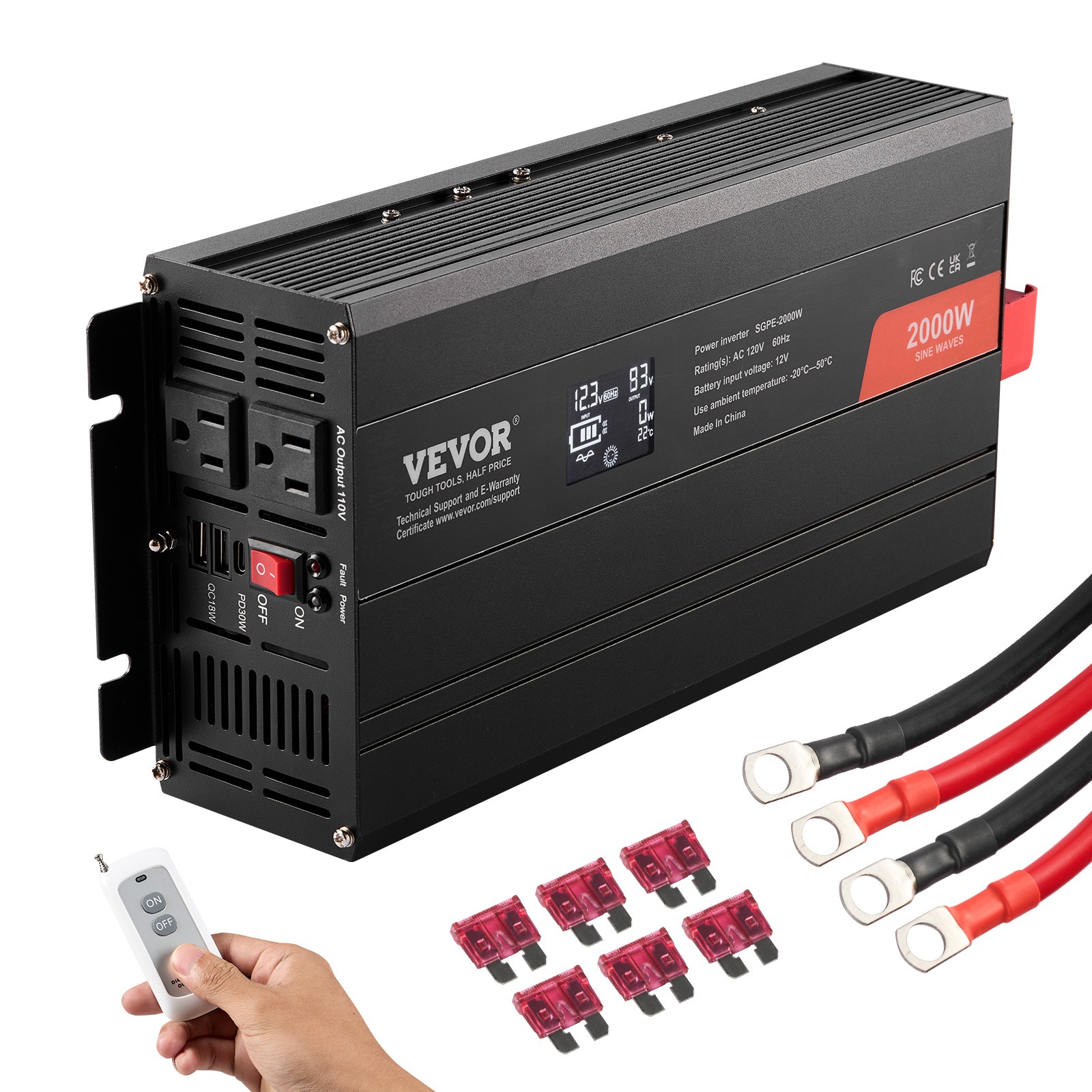 VEVOR Pure Sine Wave Power Inverter 2000W DC12V to AC110V LCD Remote Control CE