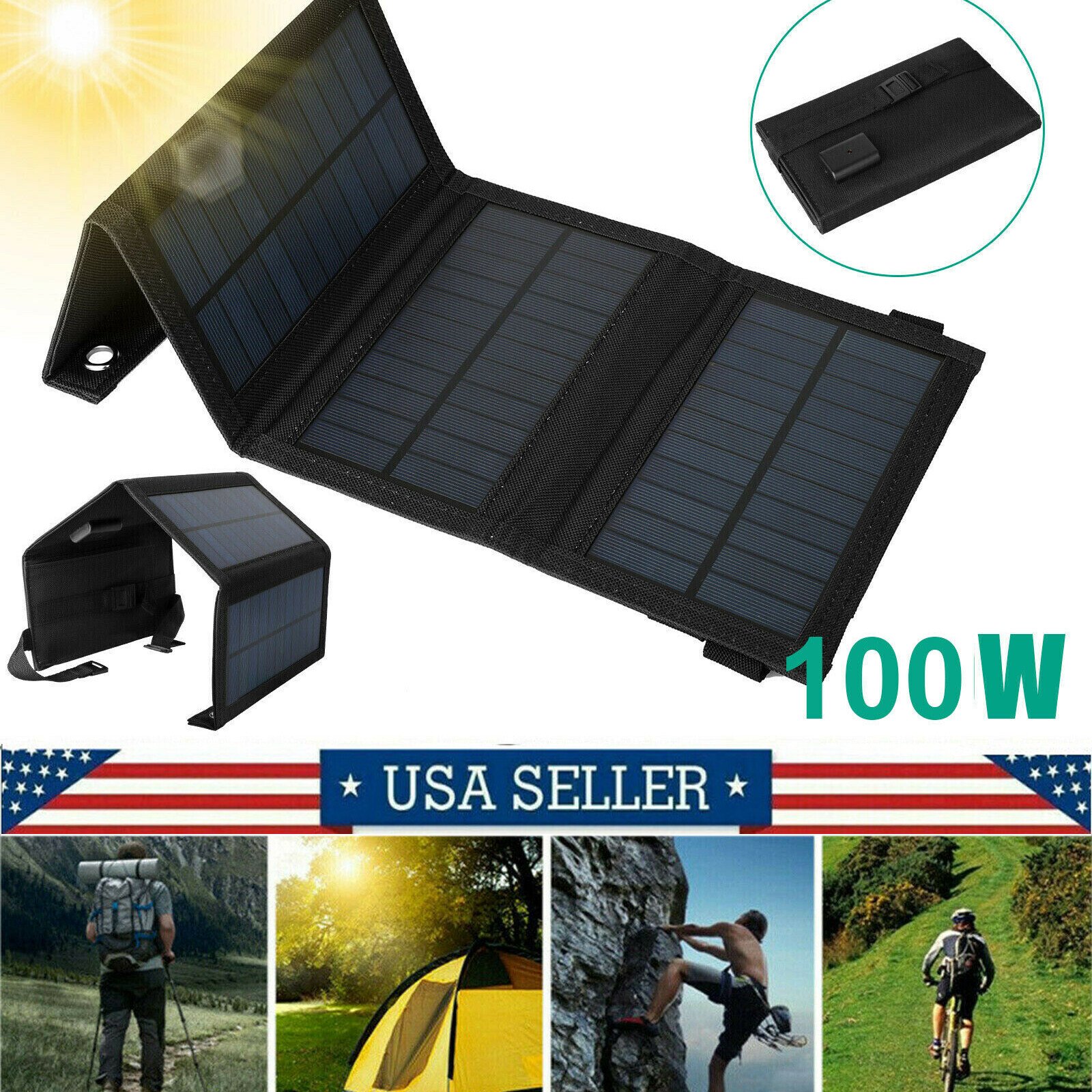 100W USB Solar Panel Kit Folding Power Bank Outdoor Camping Hiking Phone Charger