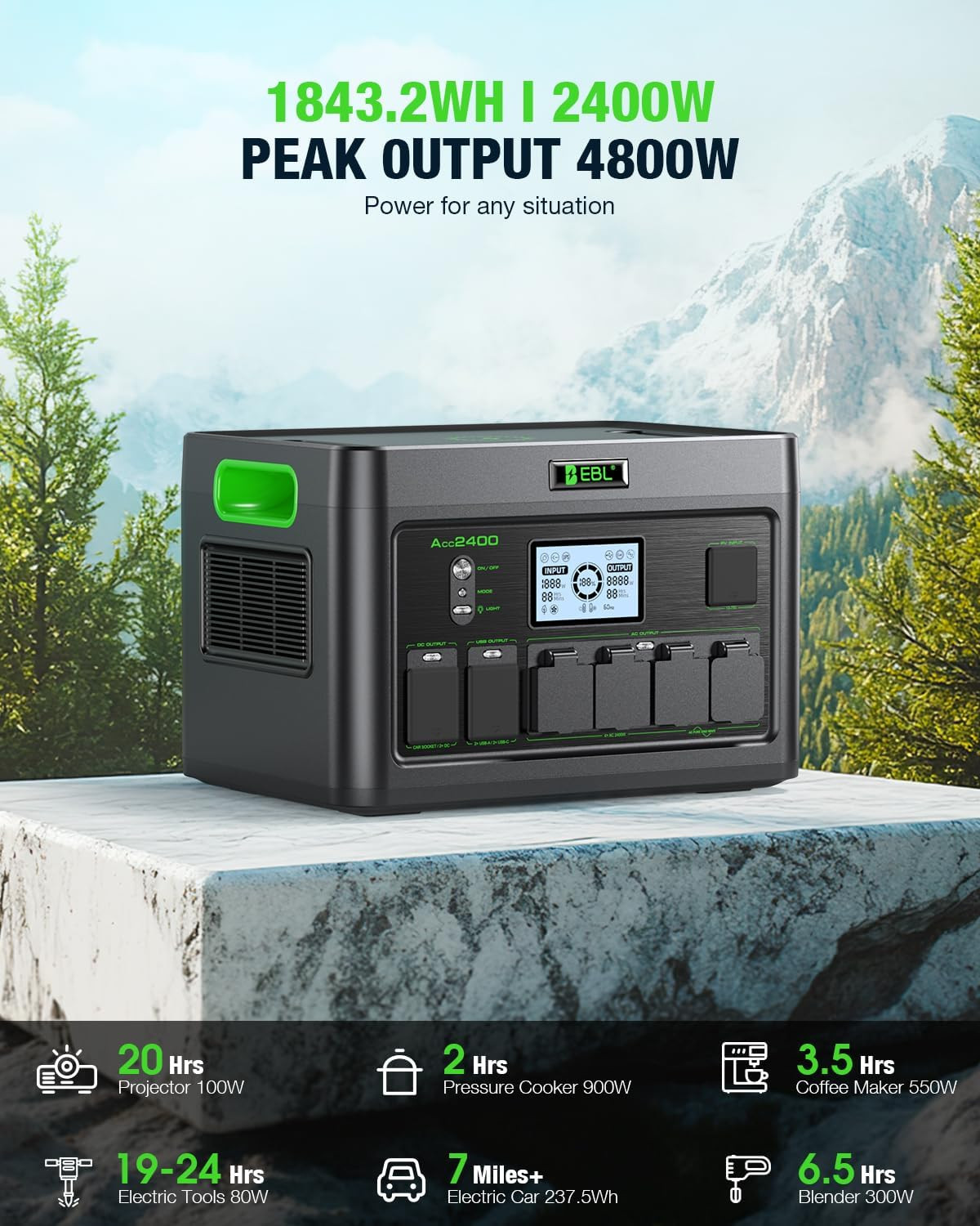 2400W Portable Power Station with 2X200W Solar Panels (Ship Separately), 1843.2W