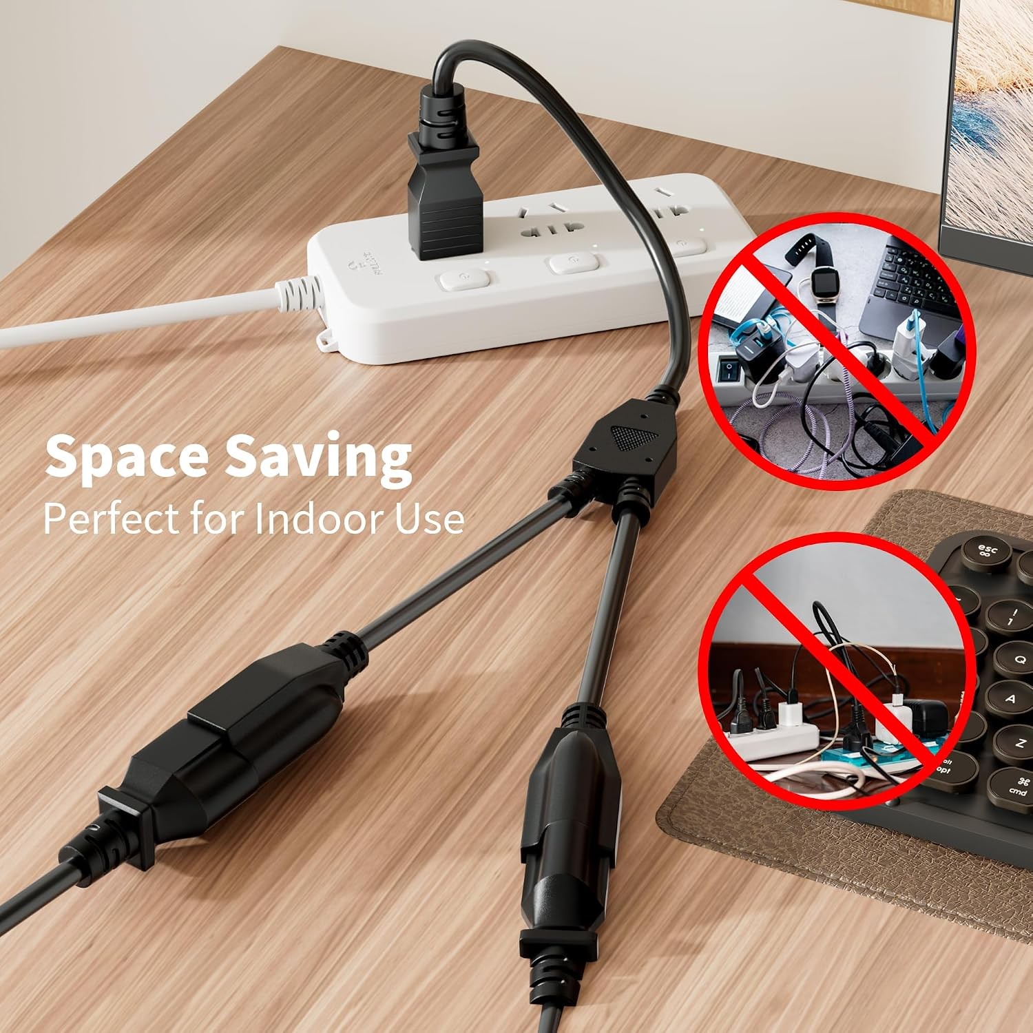 3 Prong Y Splitter Power Extension Cord 1 FT Straight Plug 1 to 2 Way Outlet