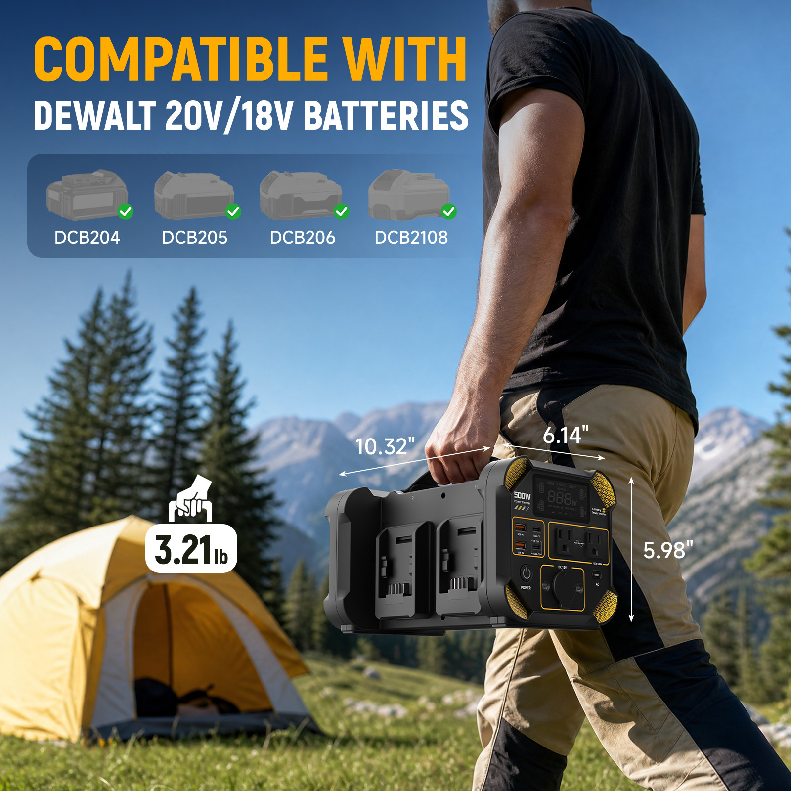500W Pure Sine Wave Inverter for DeWalt 20V Battery 4-Slot Portable AC 120V 60Hz