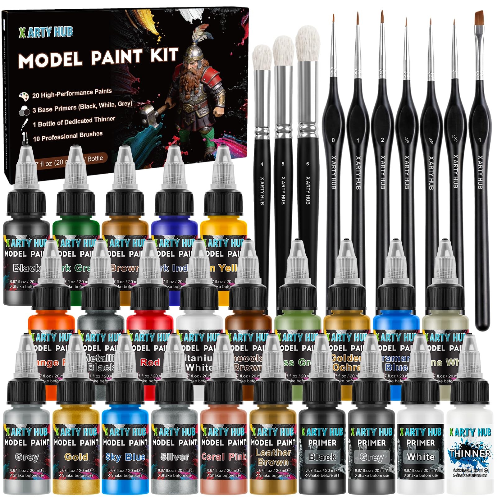 Model Paint Set, 34-Piece Miniature Painting Kit for Figures, 20 Acrylic Paints