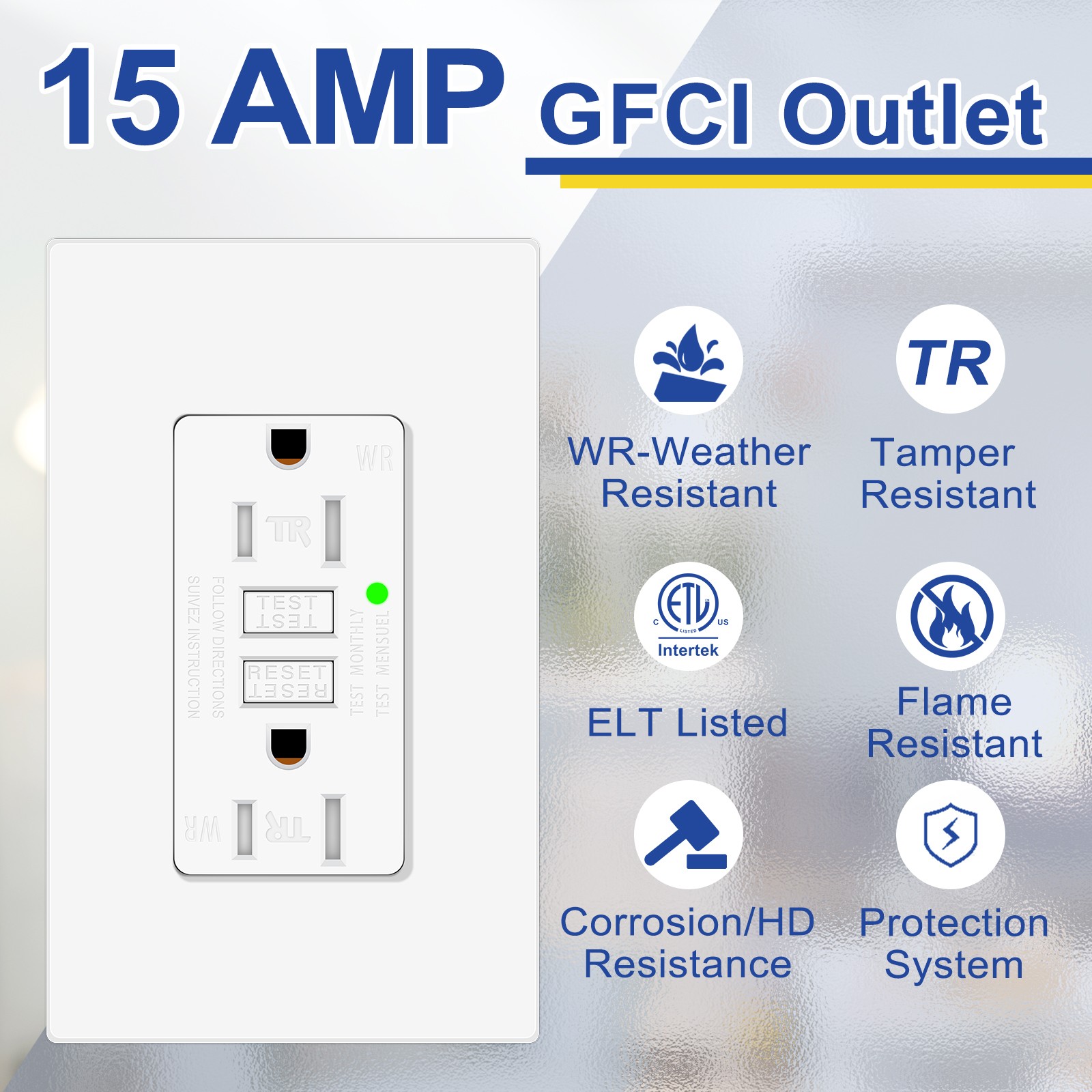 2 x GFCI Outlet 15 A/125V Ground Fault Circuit Interrupter Receptacle with LED
