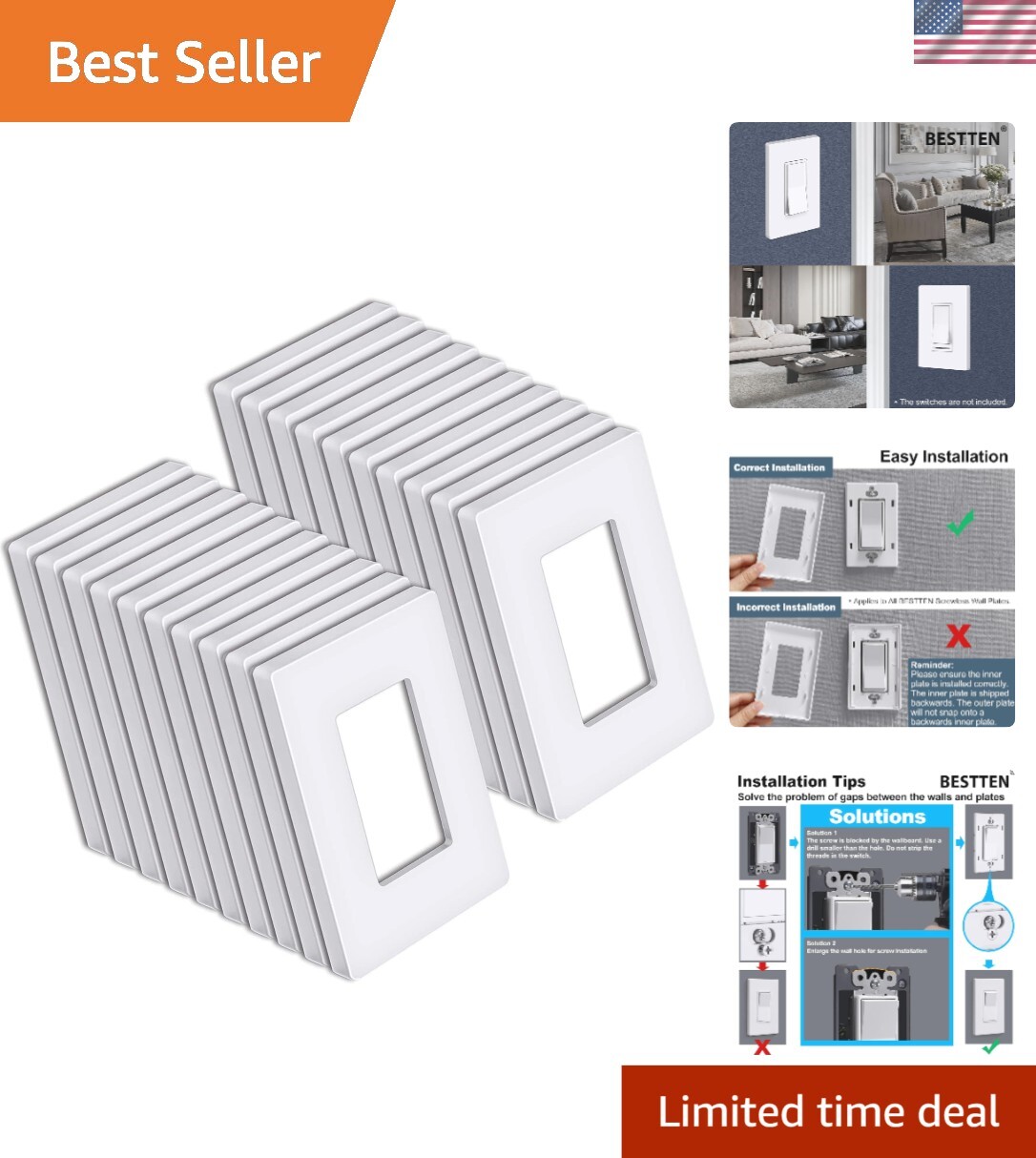 Modern Gloss Snow White Screwless Wall Plates – 20 Pack for 1-Gang Applications