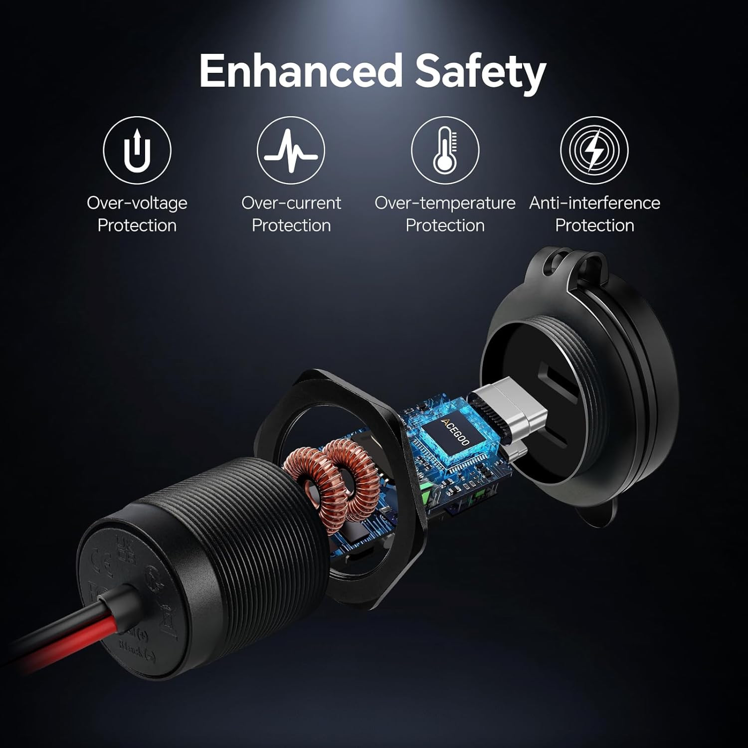 12V USB Outlet 30W PD Type-C & 18W QC3.0 Aluminum Car Charger Waterproof Dual Po