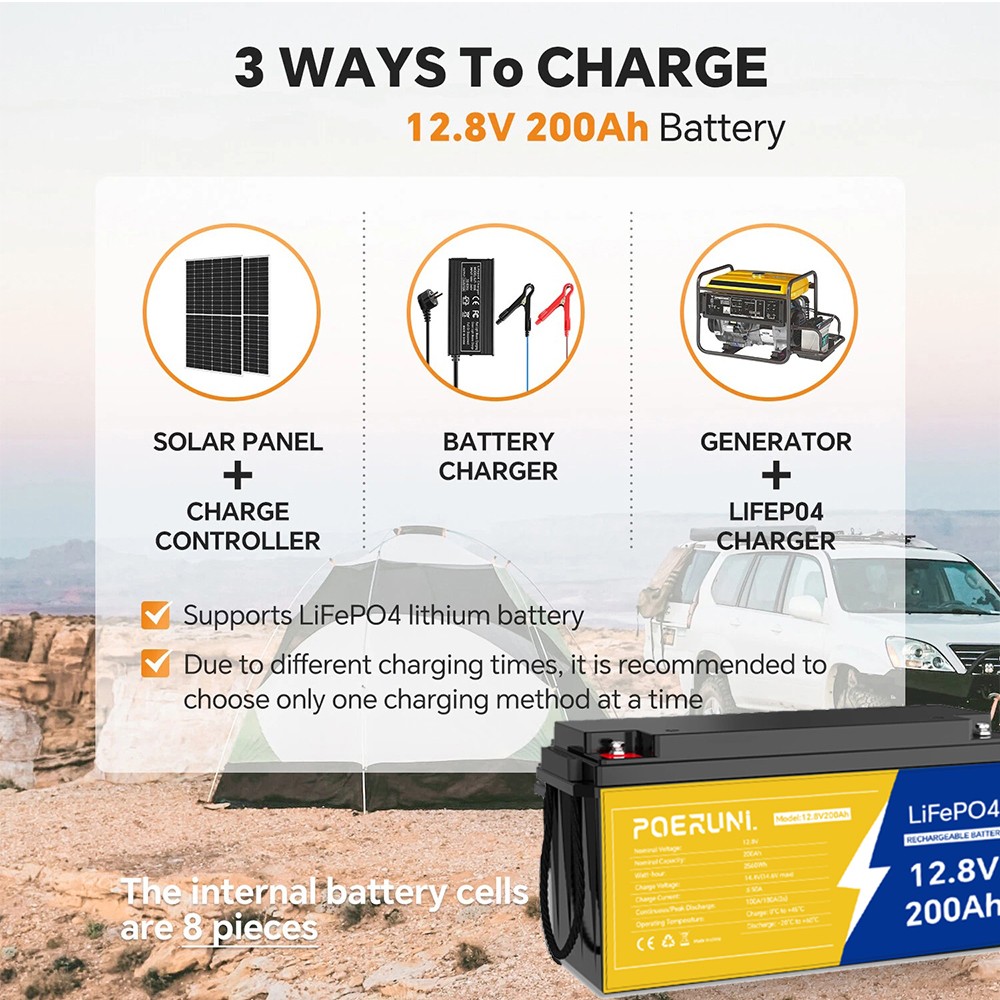 12V 200Ah LiFePO4 Lithium Battery Built-in BMS Deep Cycle whit 14.6V 20A Charger