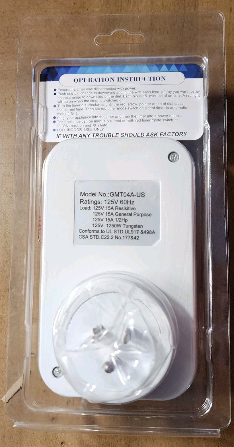 Plug-in Mechanical Timer Model 24 Hours Programmable 15 Amps GMT04A-US New