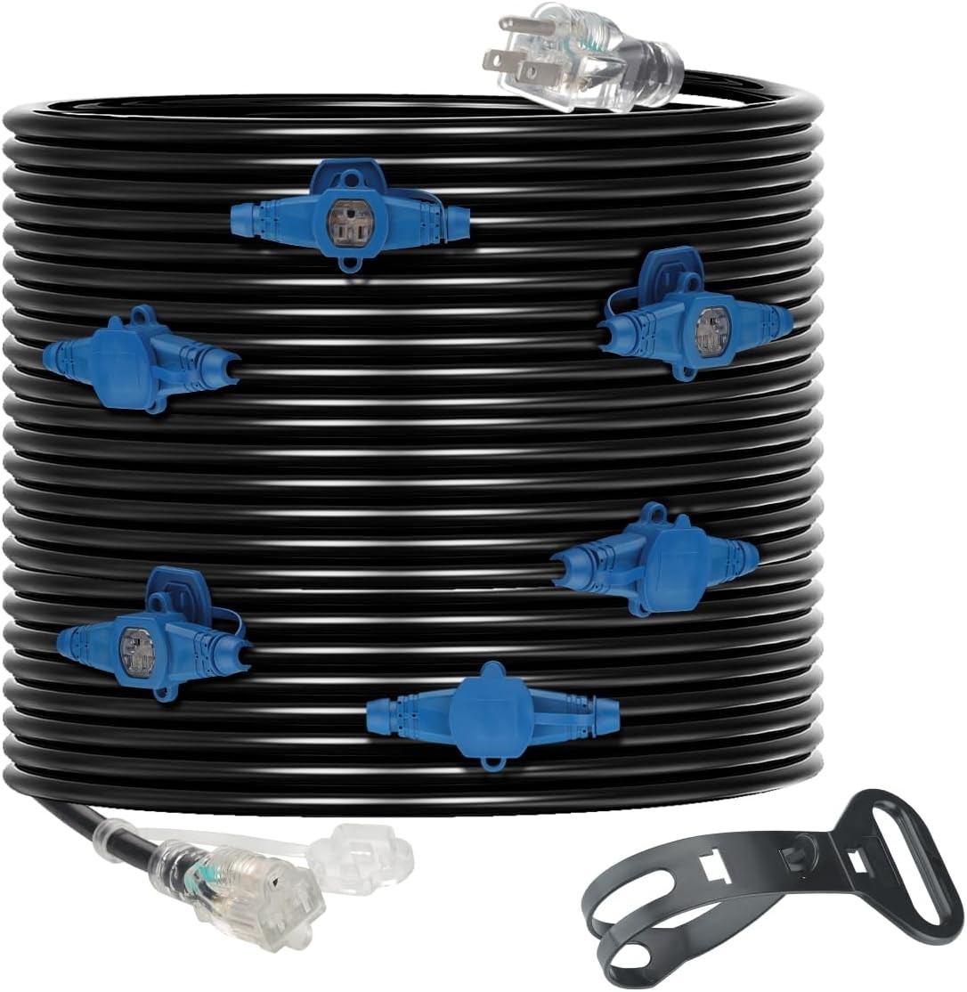 50 Feet Multi Outlet Extension Cord 12 Gauge 7 Nema 5-15R Evenly Spaced Outlets