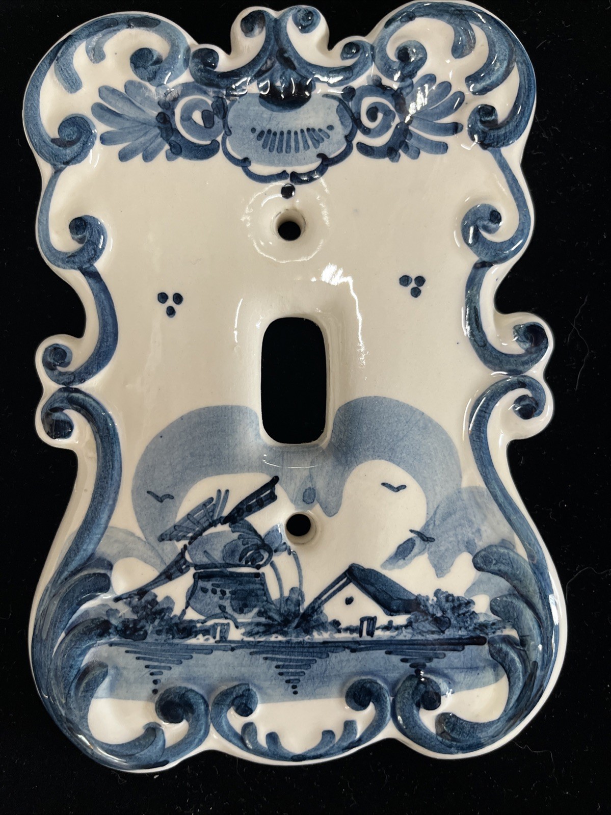 Handpainted Delft Blue Light Switch Plate Cover 6 x 4.25 Scalloped Edge Windmill