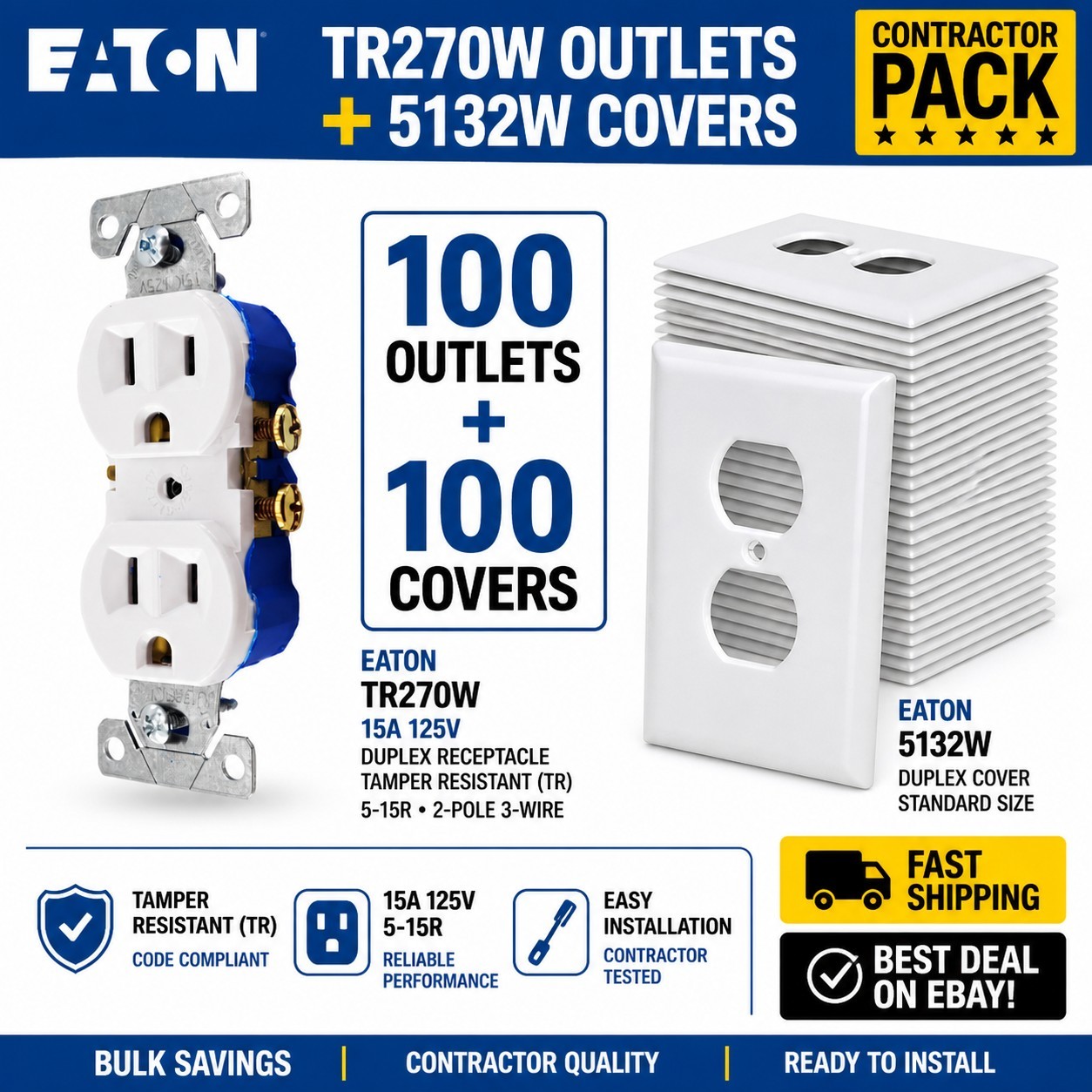 Eaton TR270W 15A Tamper Resistant Duplex Outlets + 5132W Covers 100PCS LOT WHITE