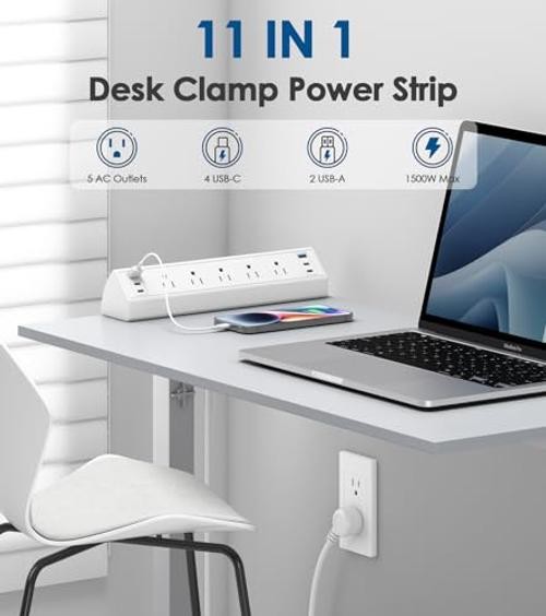 Desk Clamp Power Strip USB C,Table Surge 5 Outlets & 6 USB Ports – 40W White