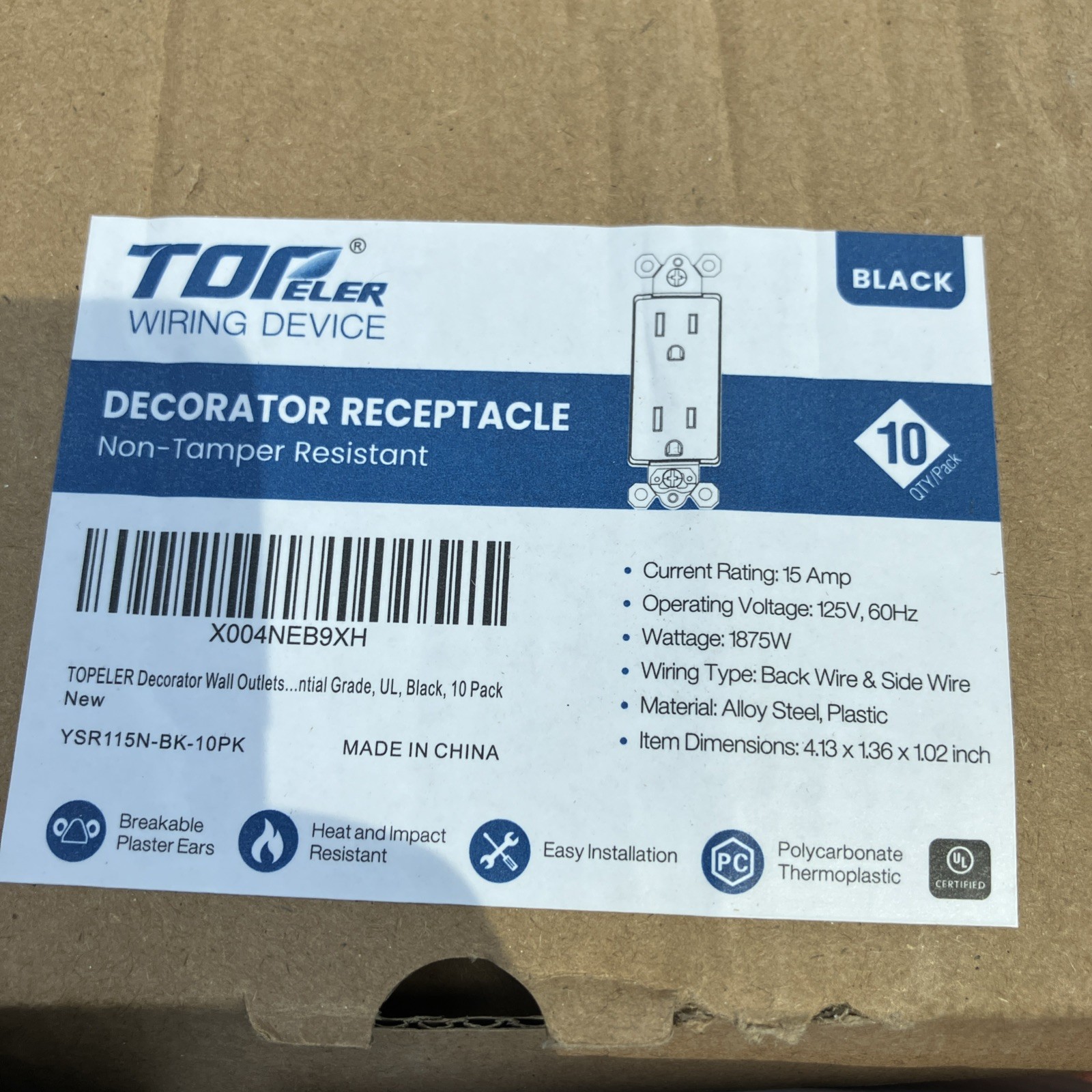 Lot of (10) New, BLACK TopELER receptacle,none- TamperResistant,15 Amp 120 volt