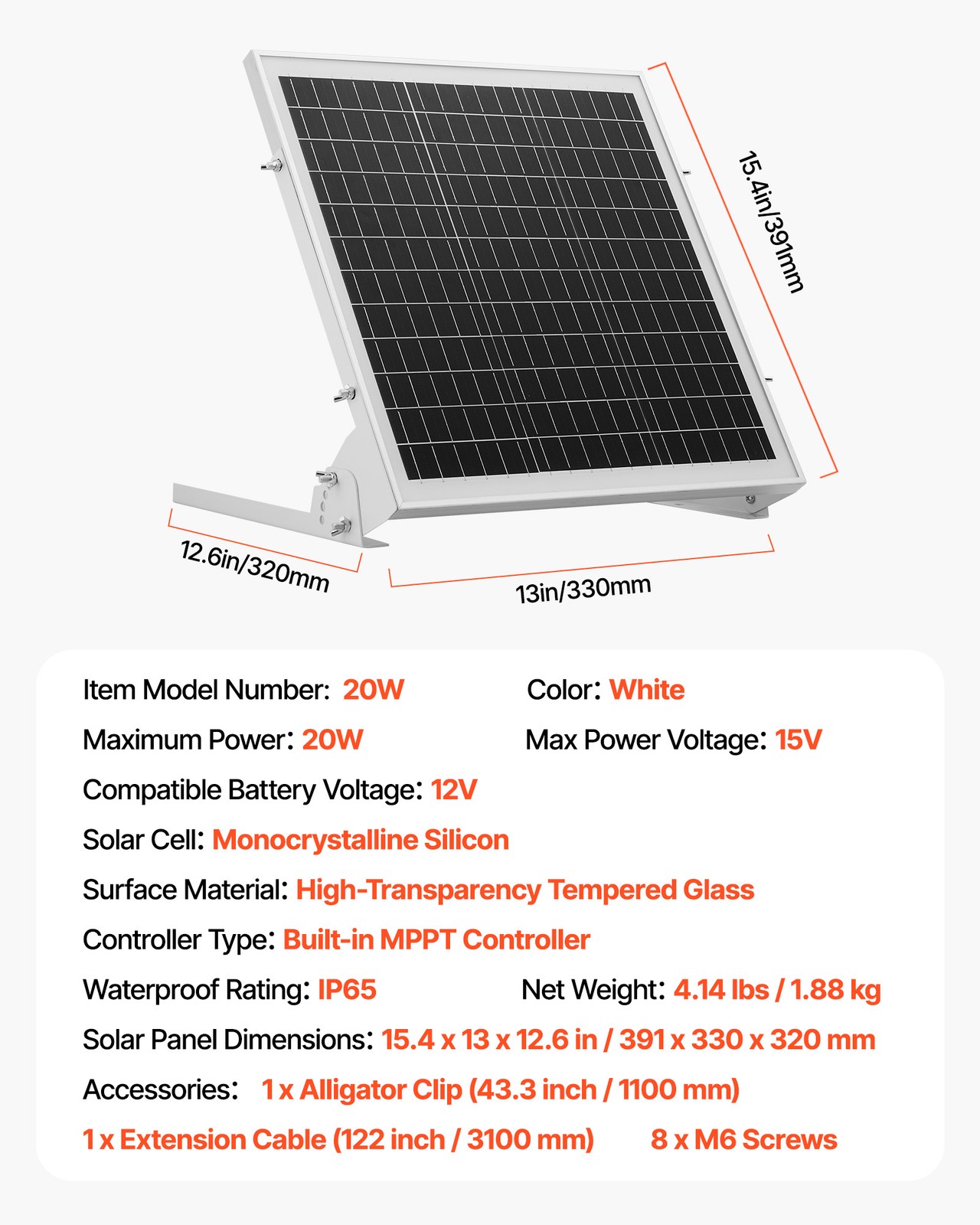 VEVOR Solar Battery Trickle Charger Kit 20W 12V with Built-in MPPT Controller