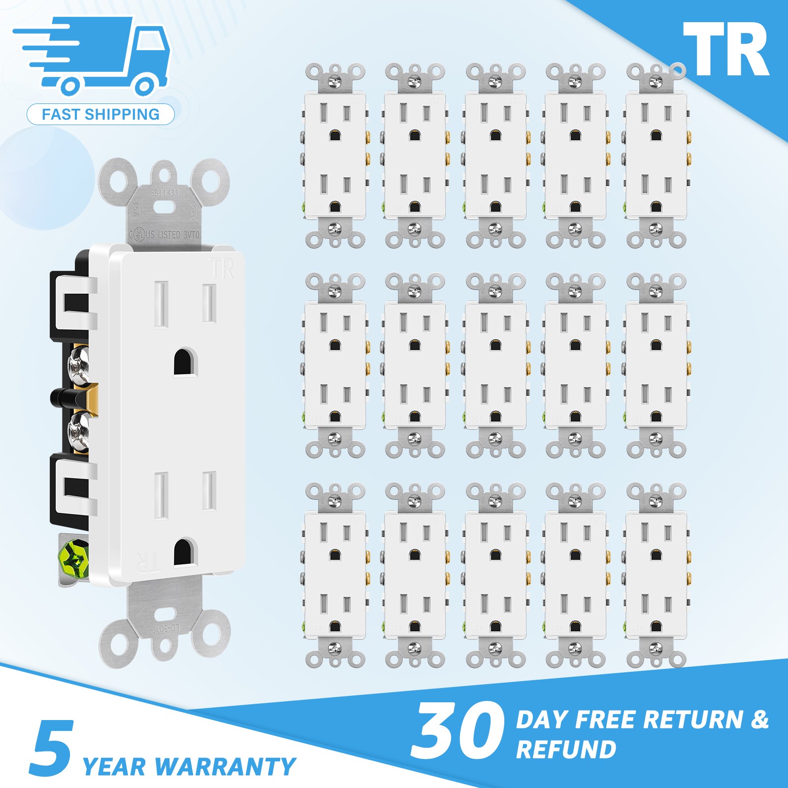 16pk Self-Grounding Duplex Receptacle 5-15R 15A Decorator TR UL/CUL Listed White