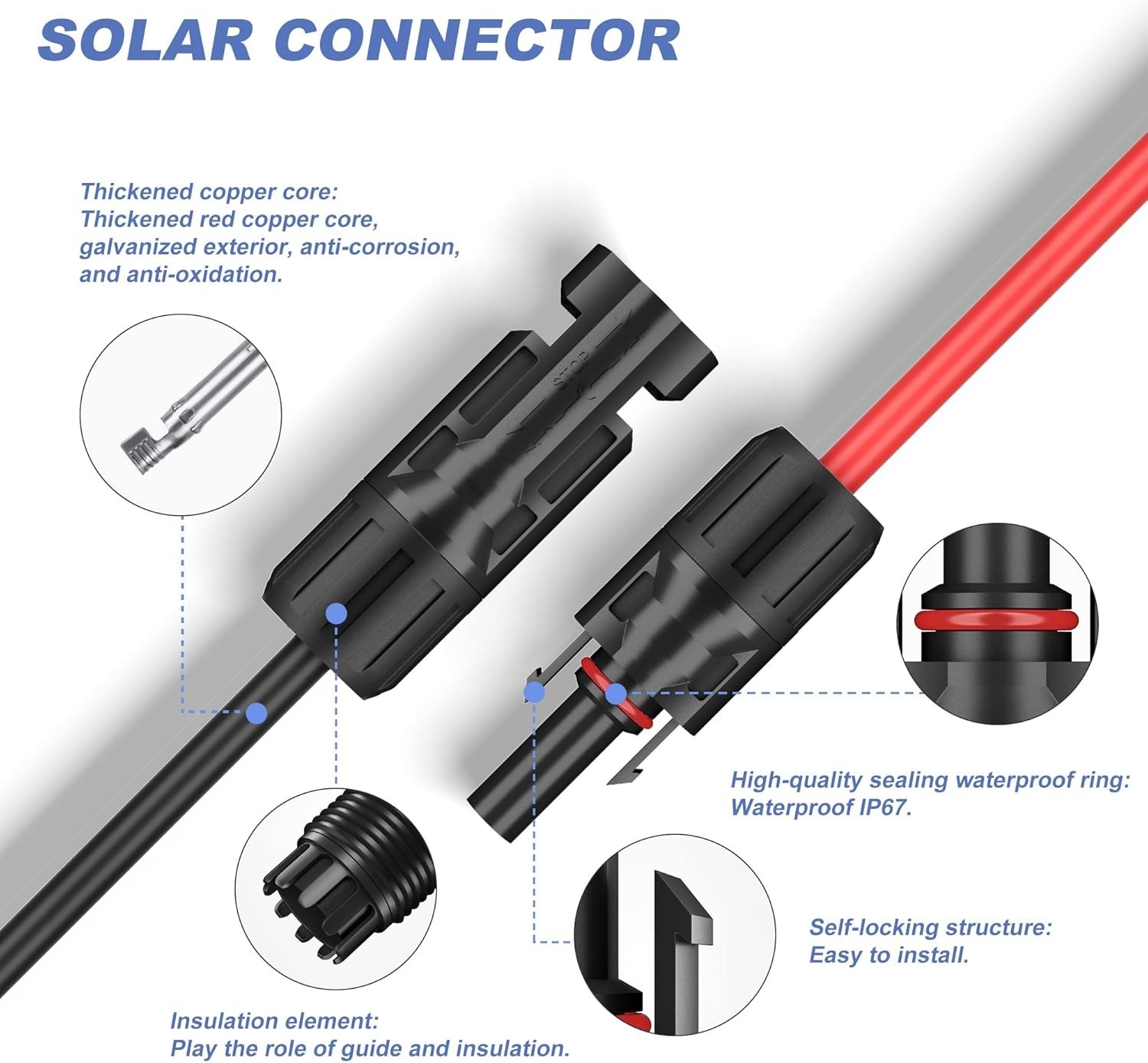 1 Pair Black+Red Solar Panel Extension Cable Wire Solar Connectors 10 AWG