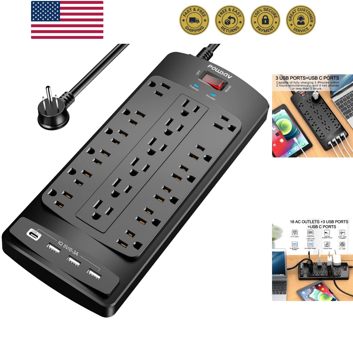 18 Outlets Surge Protector Power Strip – 6 Feet Flat Plug Heavy Duty Extensio…