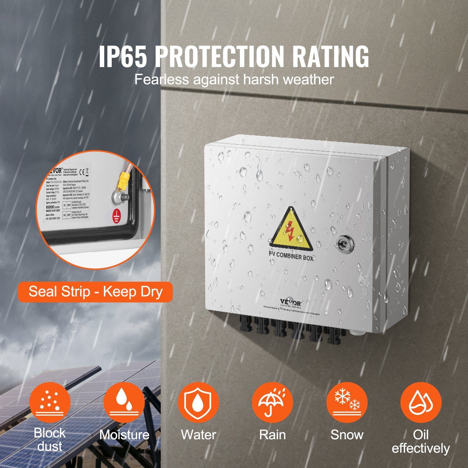 6-string 10A solar PV combiner box IP65 rated steel case with surge protection