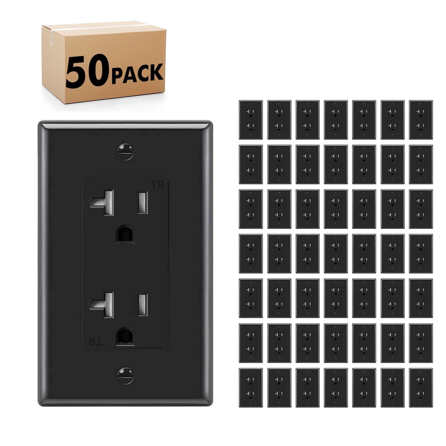 50 Pack Outlet Socket, Decora Duplex Receptacle, 20 Amp 125 Volt With Plate