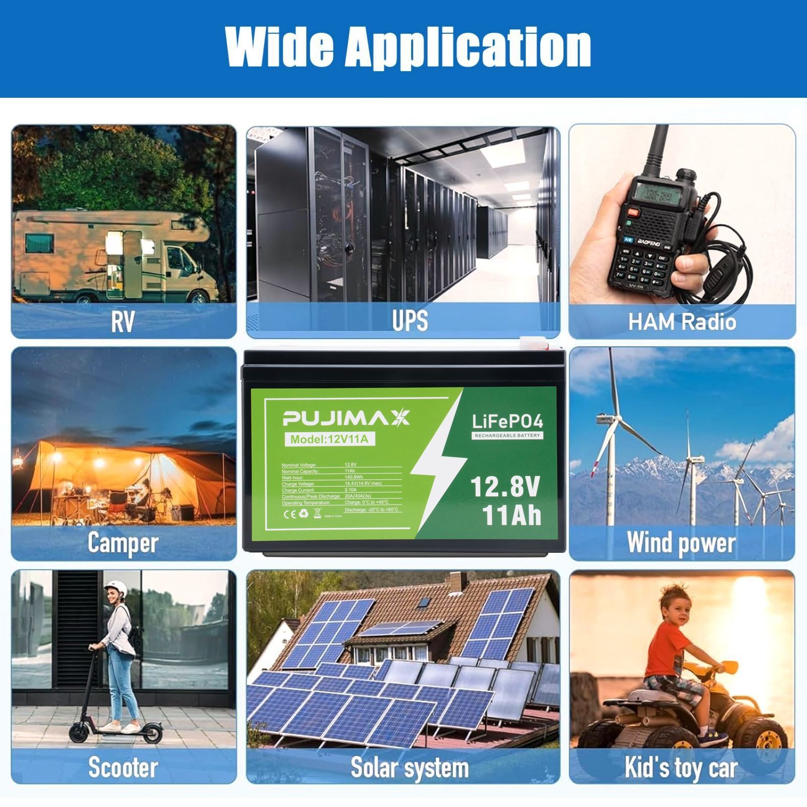 LiFePO4 Deep 3000+ Cycle Lithium Iron Phosphate Battery 12V 11Ah Fast Charging