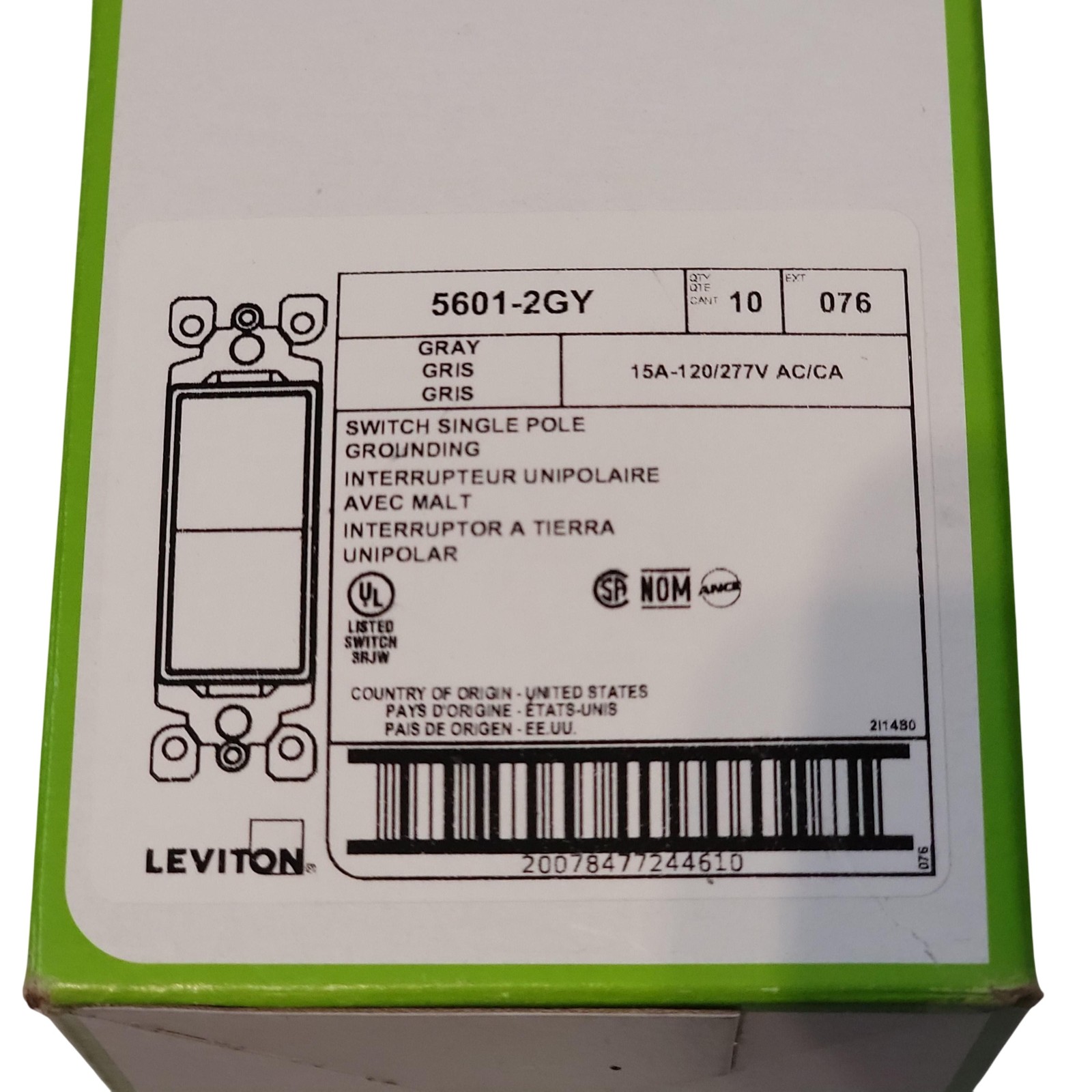 Leviton 5601-2GY Decora Rocker Switch Single Pole 15A 120/277V Gray Grounded