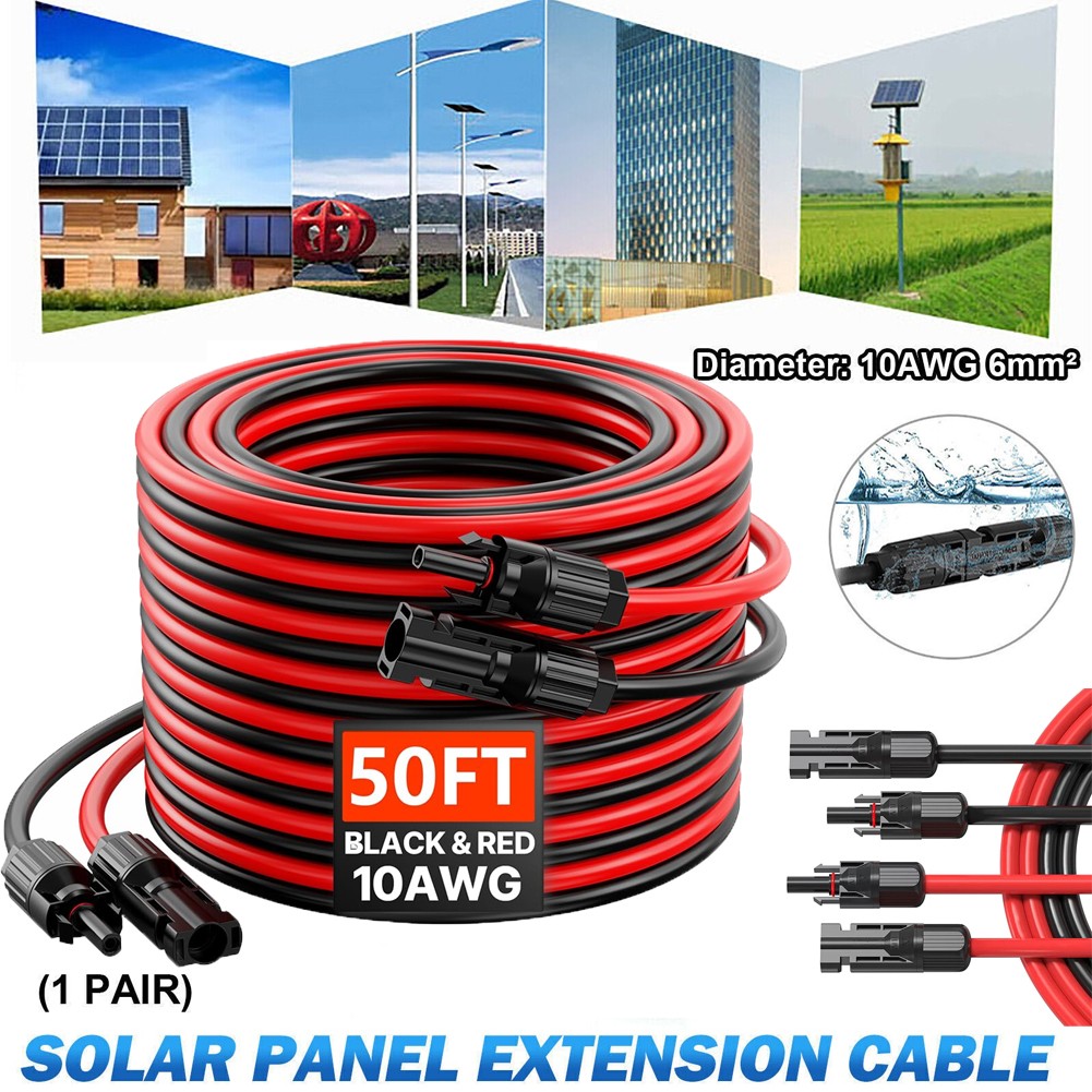 100FT 10 AWG Solar Panel Extension Cable PV Wire Solar Connectors Pair 6mm²