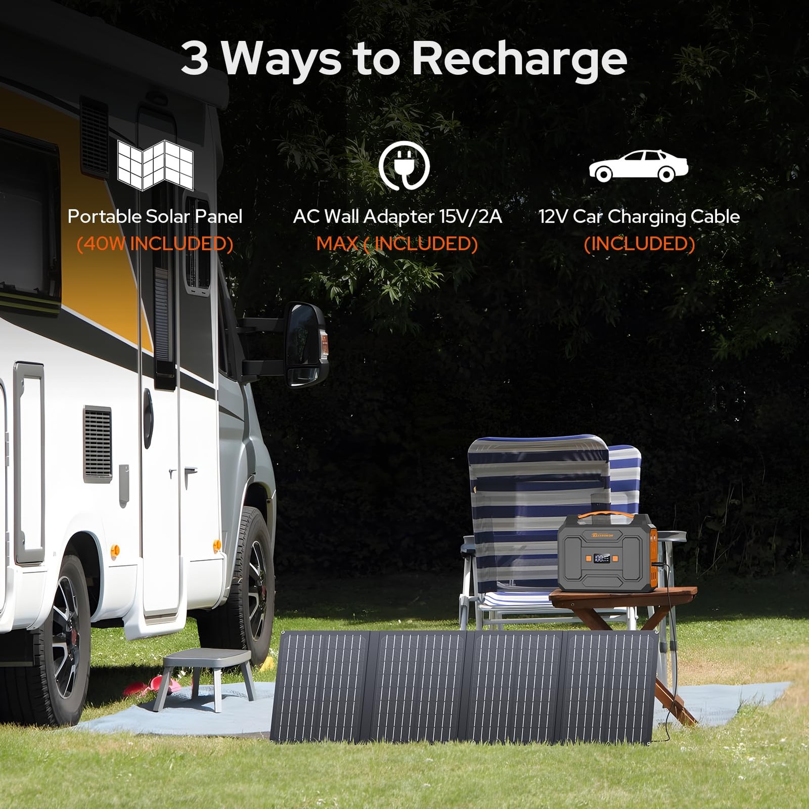 Portable Power Station with Foldable 40W Solar Panel, 100W Black Gray