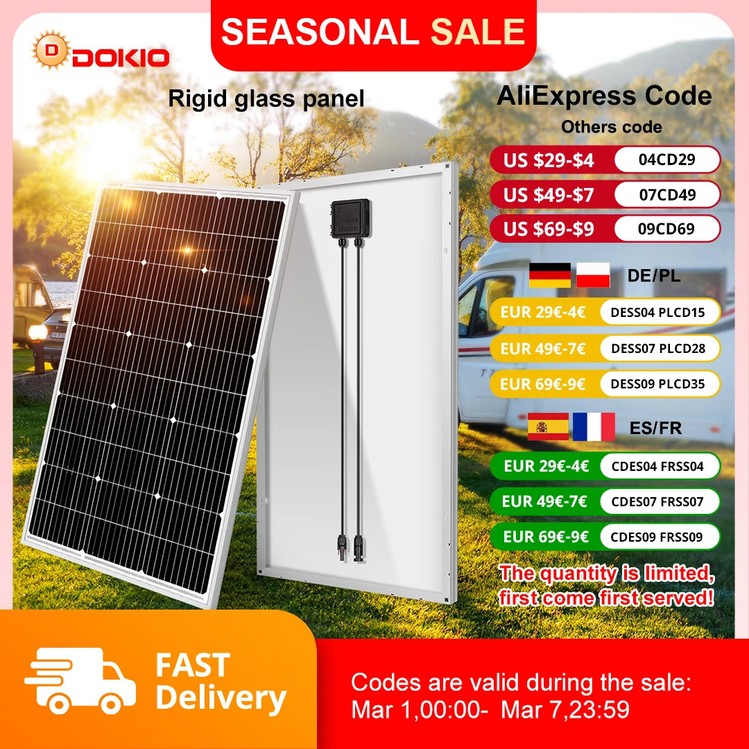 DOKIO 18V 100W 200W Rigid Solar Panel China Monocrystalline Silicon Waterproof