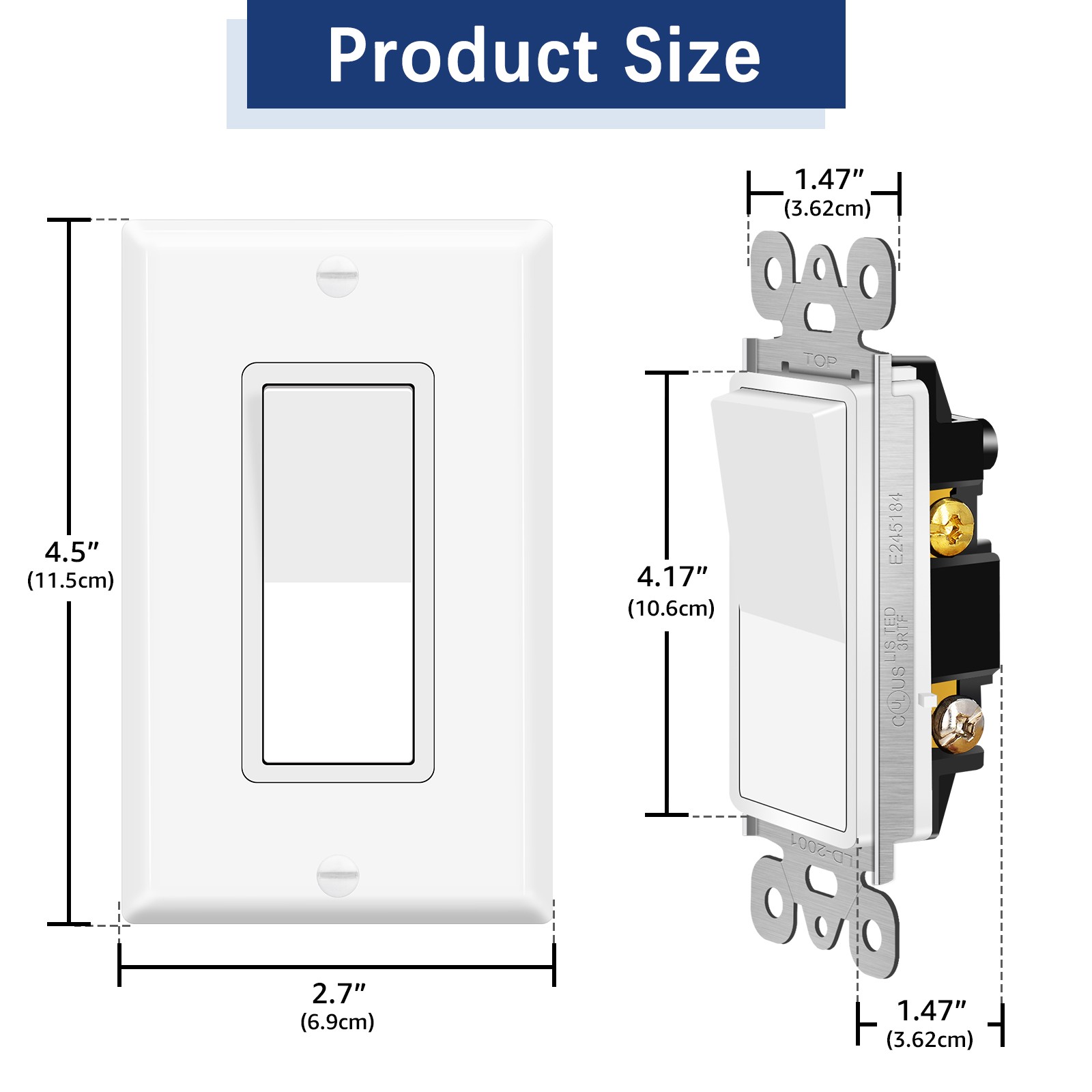 2 Pack Self – Grounding Single Pole Wall Switch 15A UL Certified Safe 120/277V