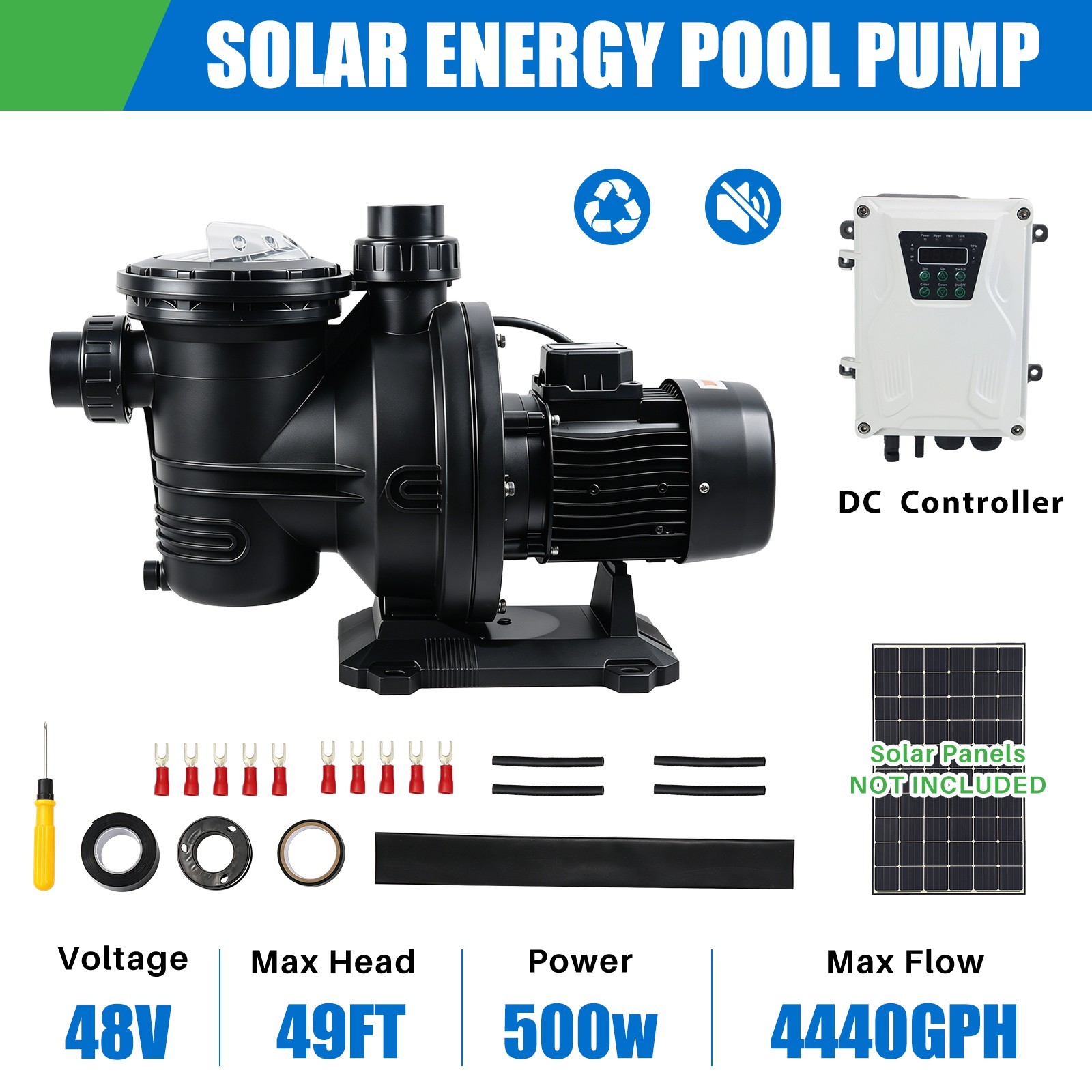 900W Solar Pump Inground Swimming Pool Pump DC72V Brushless Motor 92GPM 62′ Hmax