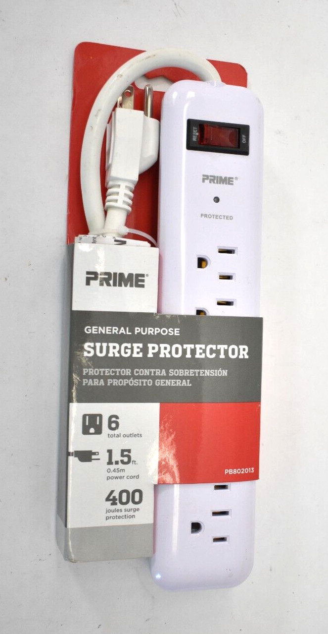 Prime General Purpose Surge Protector White PB802013 6 Outlet 1.5′ Power Cord