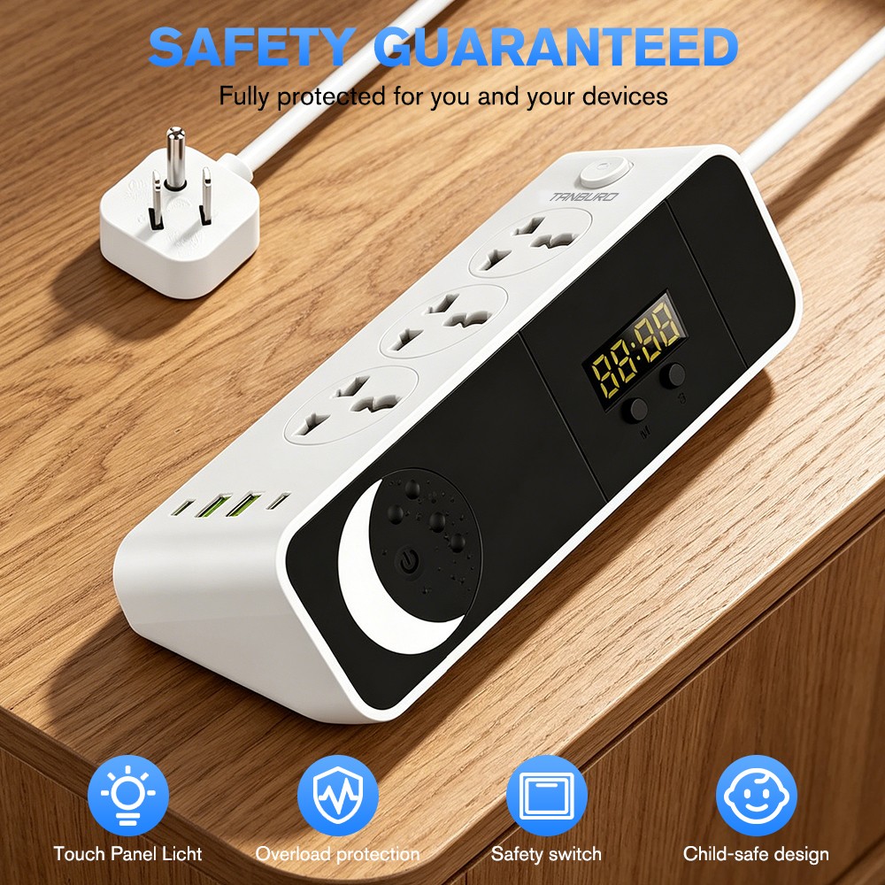 Power Strip with Clock and Night Light, 3AC Outlets ,2 USB-A Ports, 2 USB-C Port
