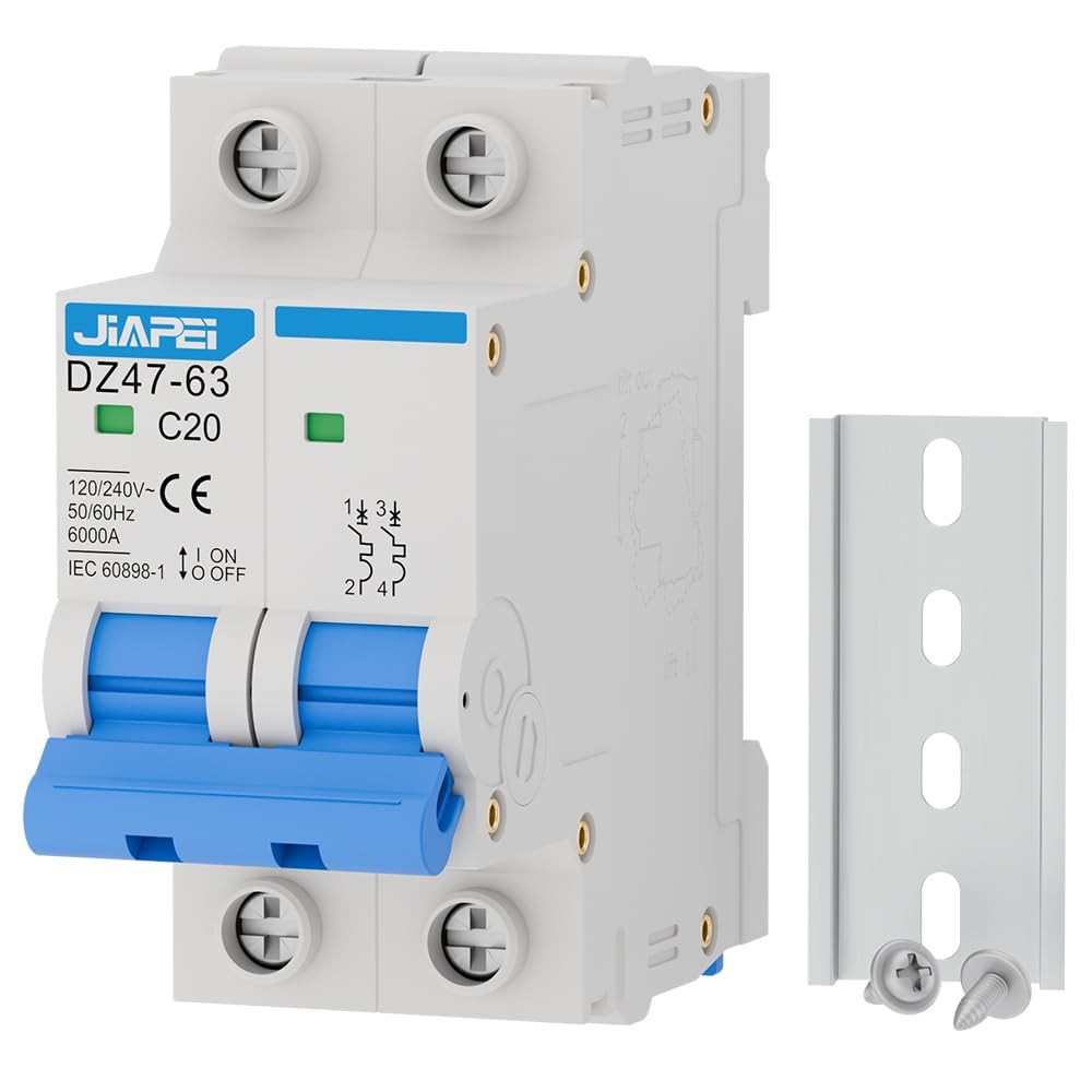 AC Miniature Circuit Breaker, 120V/240V 2 Pole 20 Amp DIN Rail Mount Circuit Bre