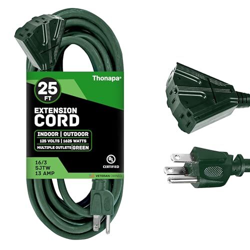 Thonapa 25 Ft Outdoor Extension Cord with 3 Electrical Power Outlets – Green