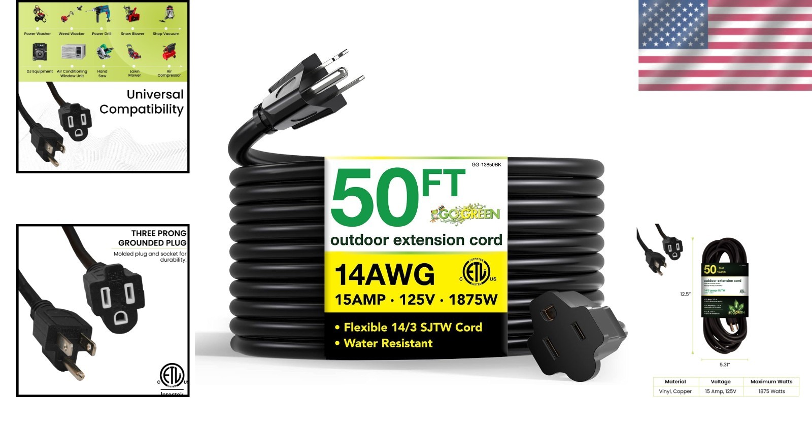 Go Green 50ft Outdoor Extension Cord – Heavy Duty, Moisture & Abrasion Resistant
