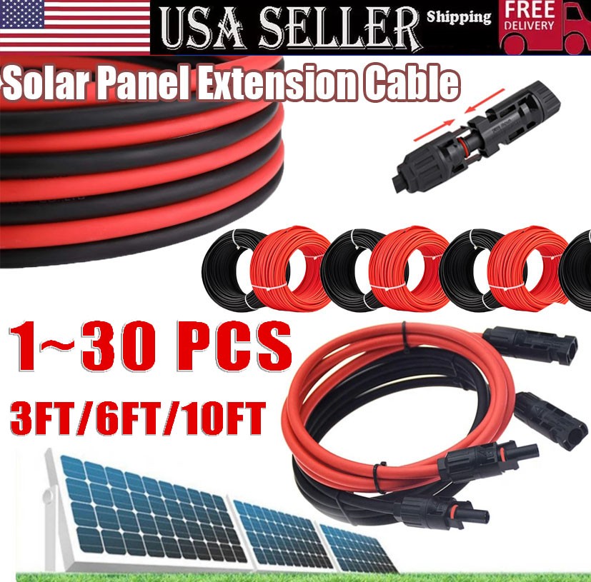 Black+Red 10 AWG Solar Panel Extension Cable Silicone Flexible Wire Connectors