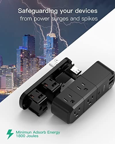 USB Outlet Extender Surge Protector 1800J 6 AC 3 USB Rotating Plug Travel