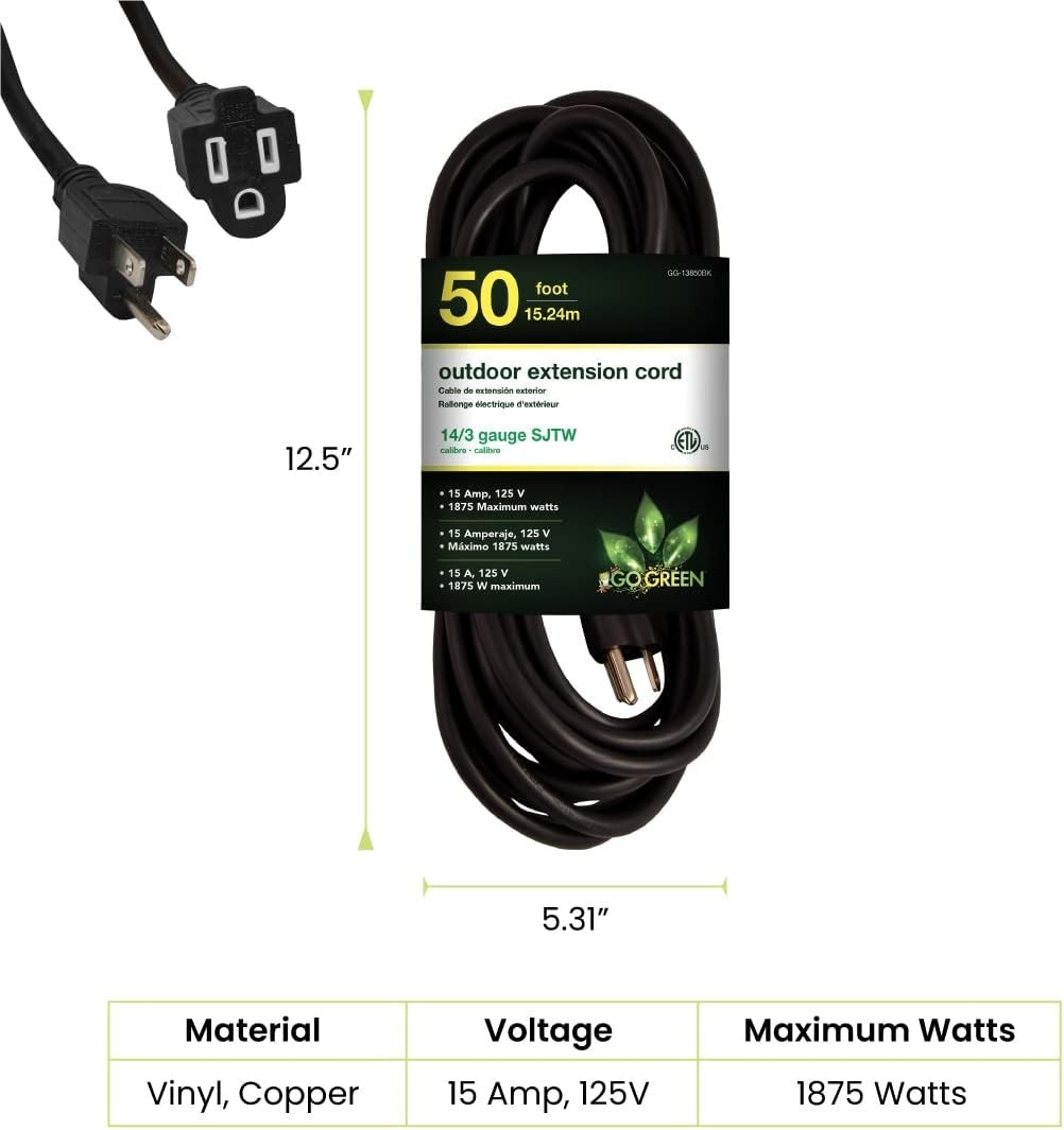 Go Green Power 50ft Black Outdoor Extension Cord – Moisture & Abrasion Resistant