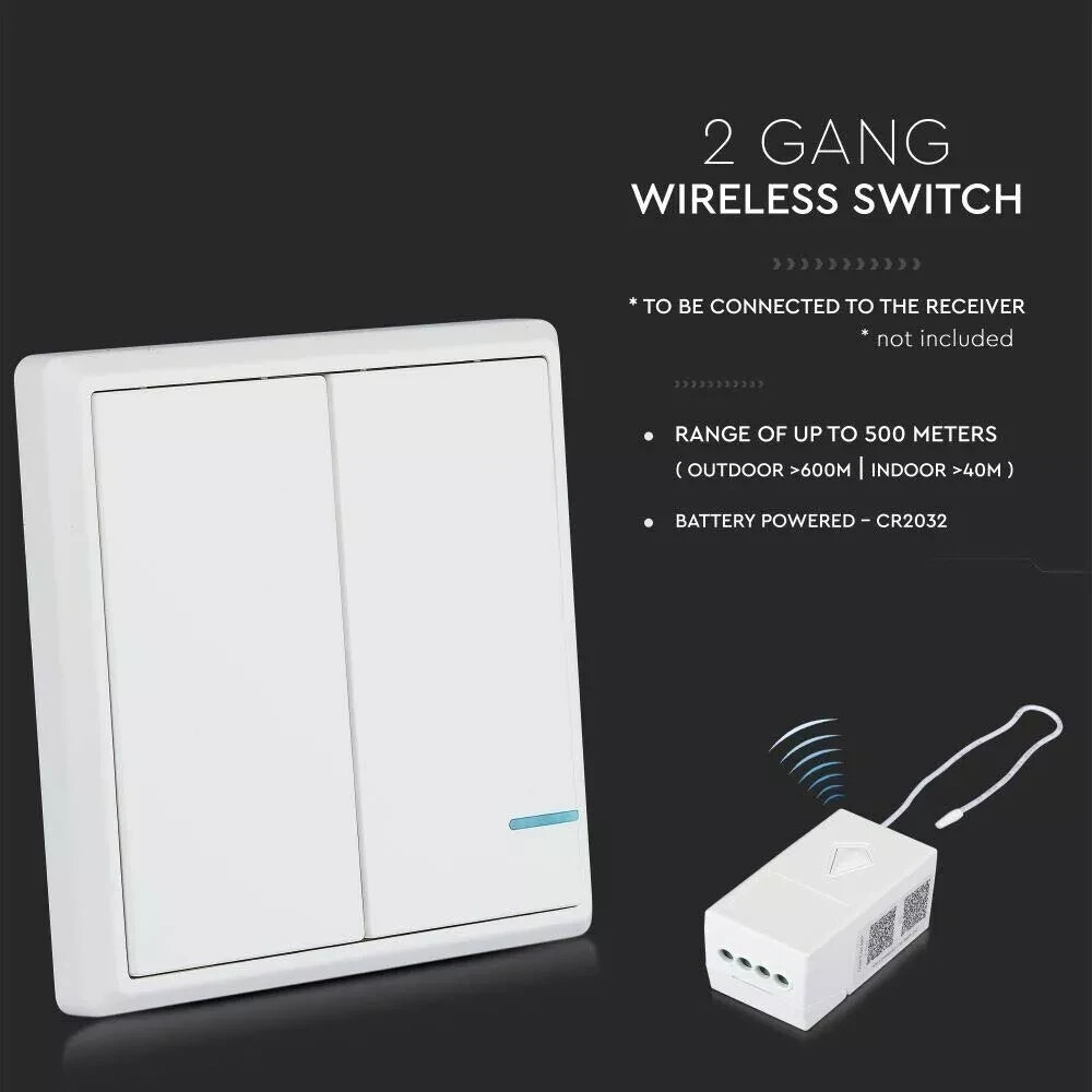 1x Wireless 2 Gang Smart Wall Switch, Dual Button Sensor, LED Light, White, IP54