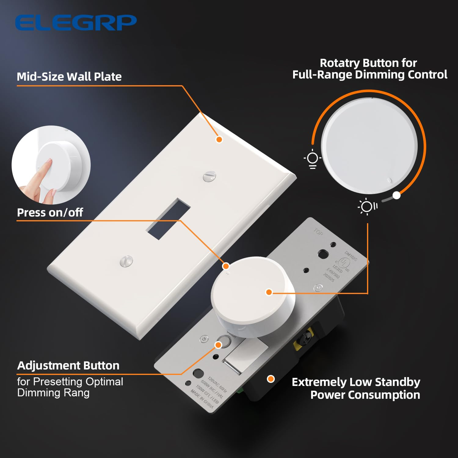 Matte White Digital Rotary Dimmer Switch for LED, CFL, Incandescent