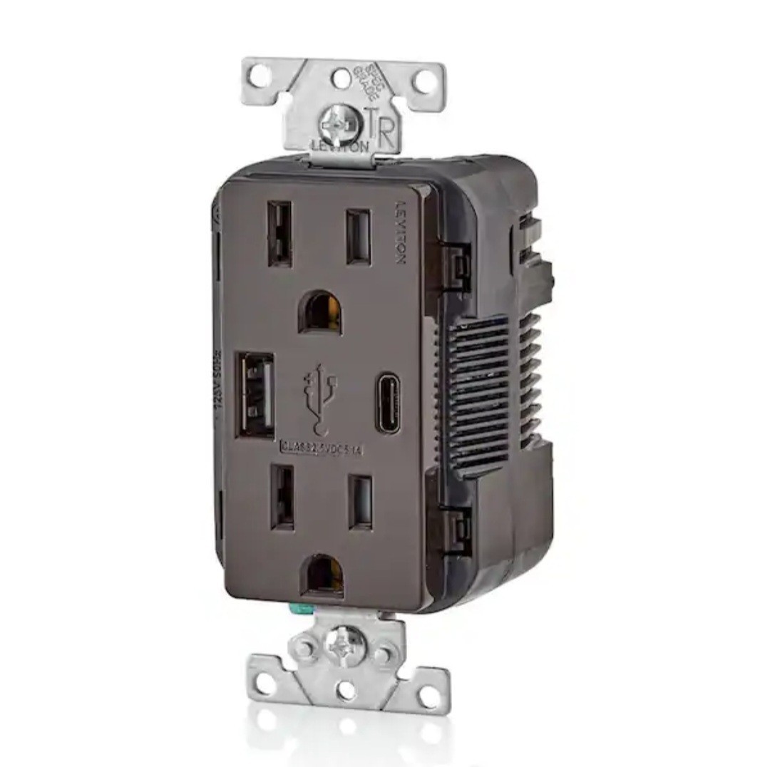Leviton T5633-B Brown Duplex Outlet Tamper Resistant w/ USB-A & USB-C 15A